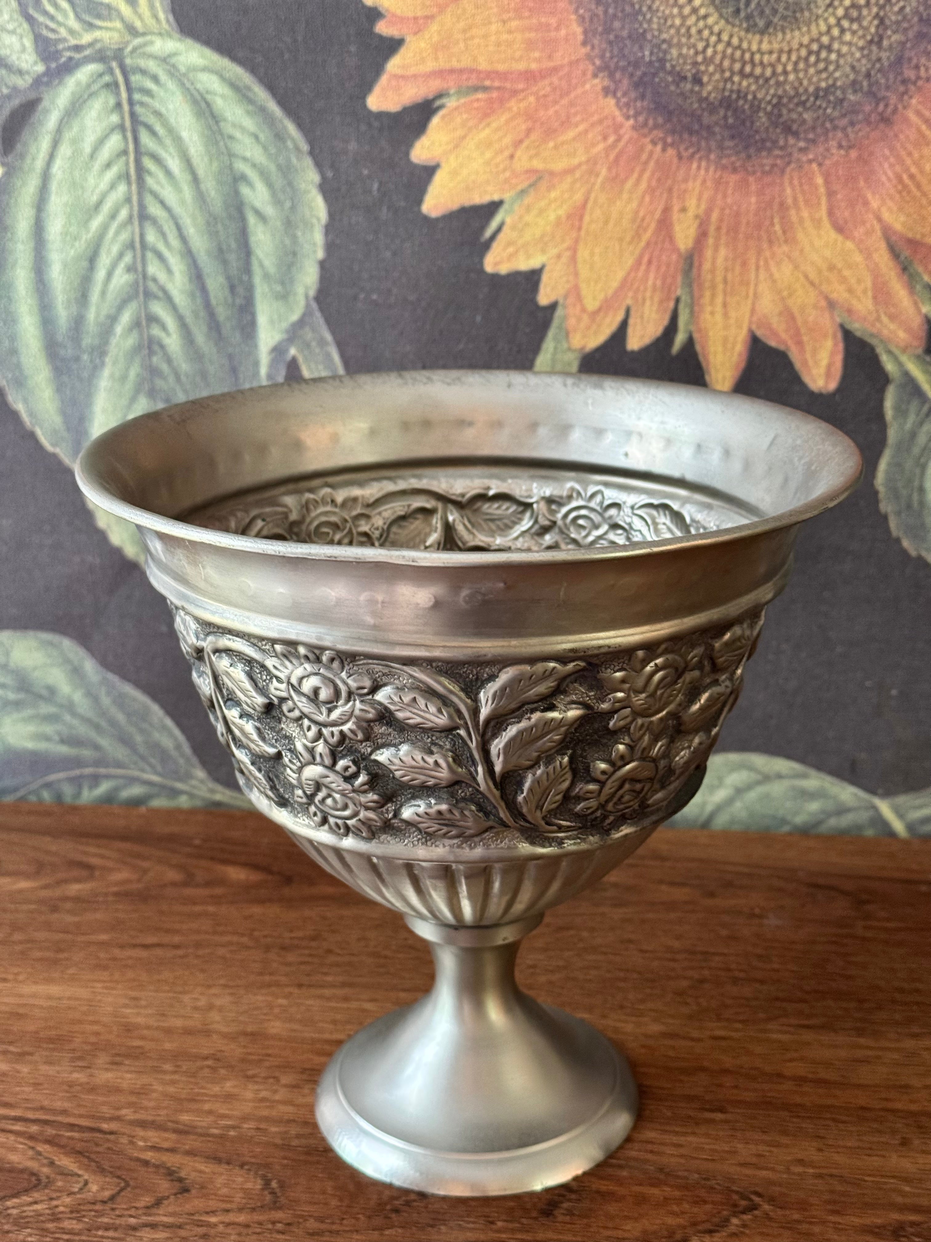 Vintage Silverplate Pedestal Bowl / Vase with Floral Detailing