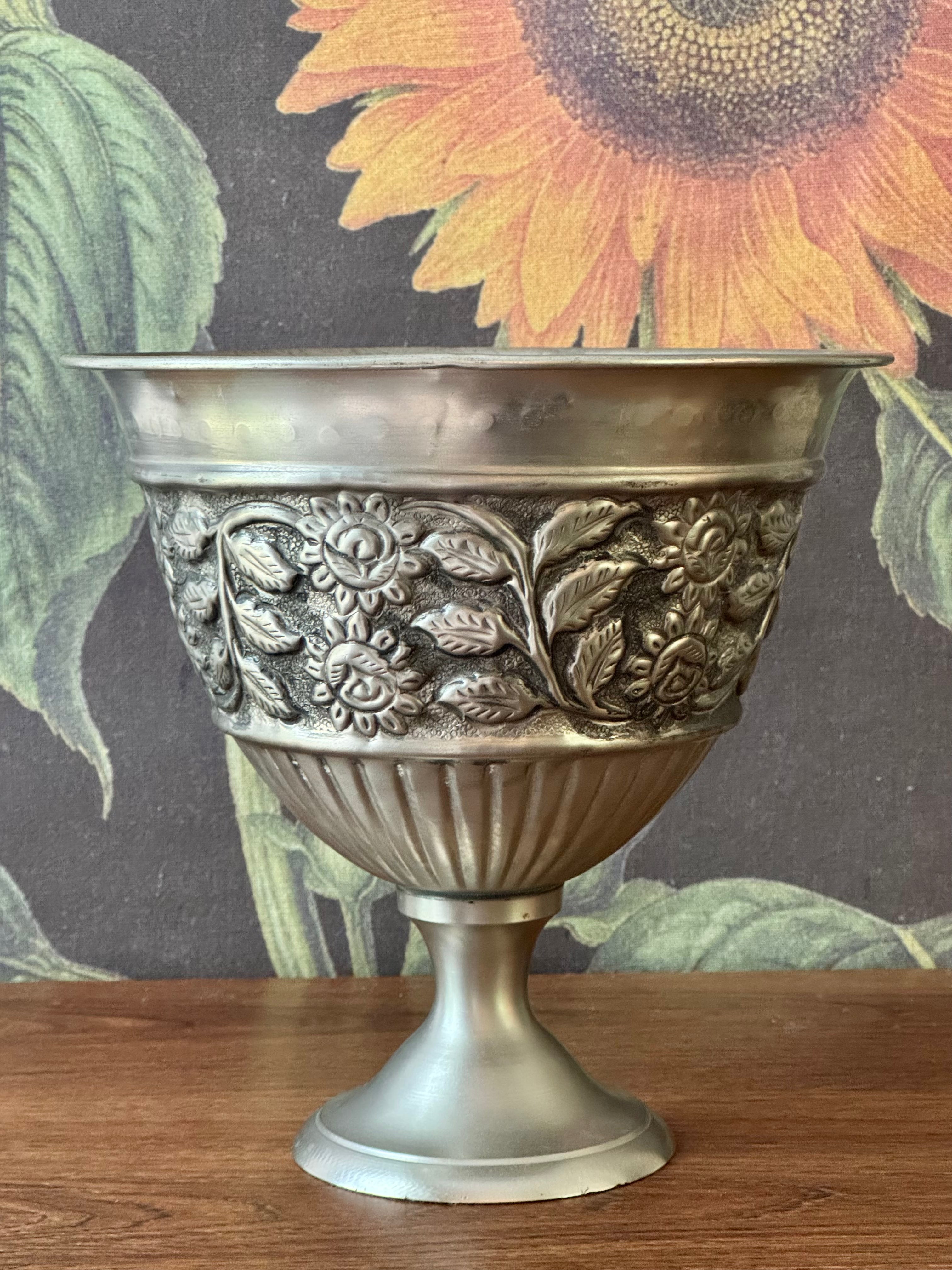 Vintage Silverplate Pedestal Bowl / Vase with Floral Detailing