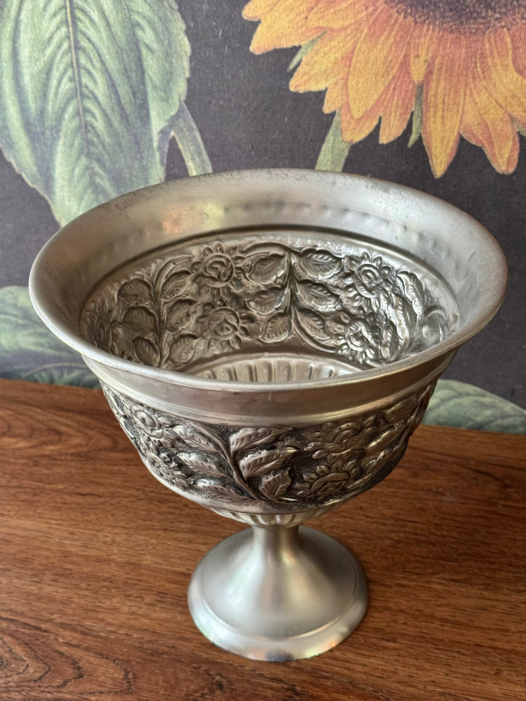 Vintage Silverplate Pedestal Bowl / Vase with Floral Detailing