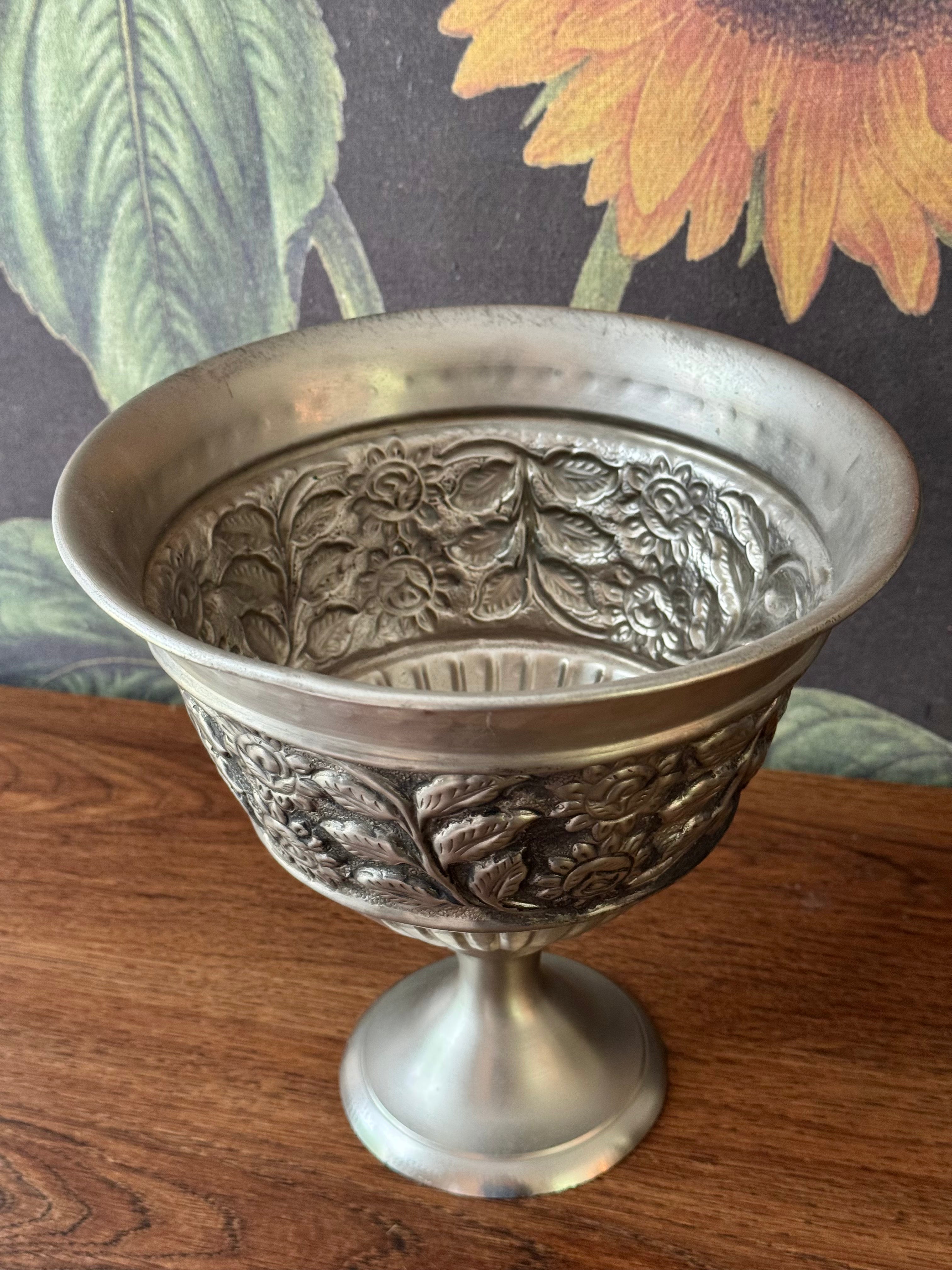 Vintage Silverplate Pedestal Bowl / Vase with Floral Detailing