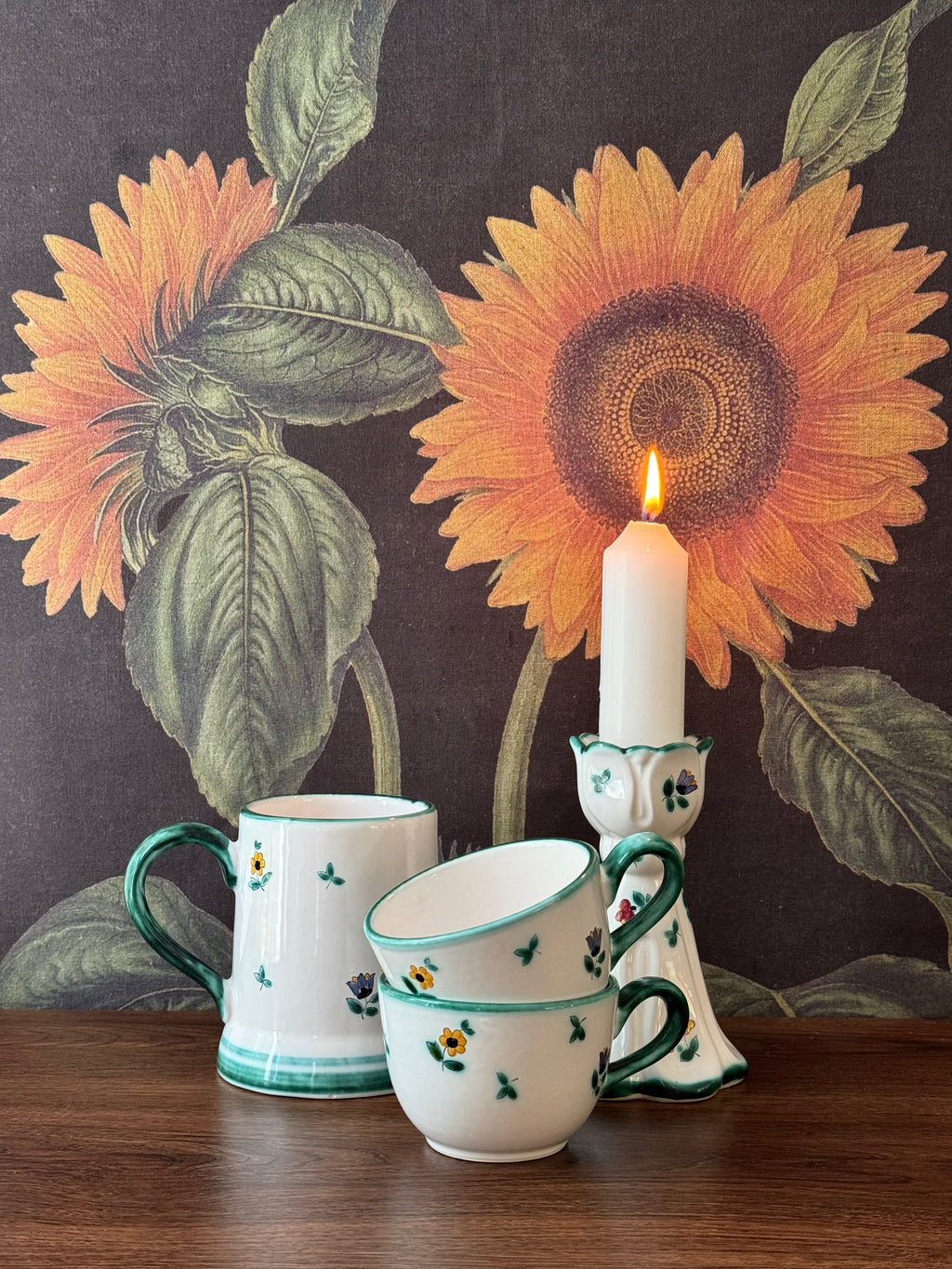 Set of Vintage Gmundner Keramik Alpine Flowers Pattern / Austria / Tea Cup, Mug, & RARE Candle Holder