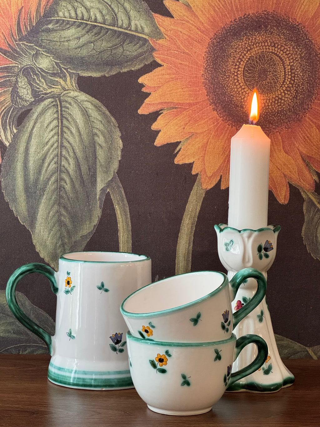 Set of Vintage Gmundner Keramik Alpine Flowers Pattern / Austria / Tea Cup, Mug, & RARE Candle Holder