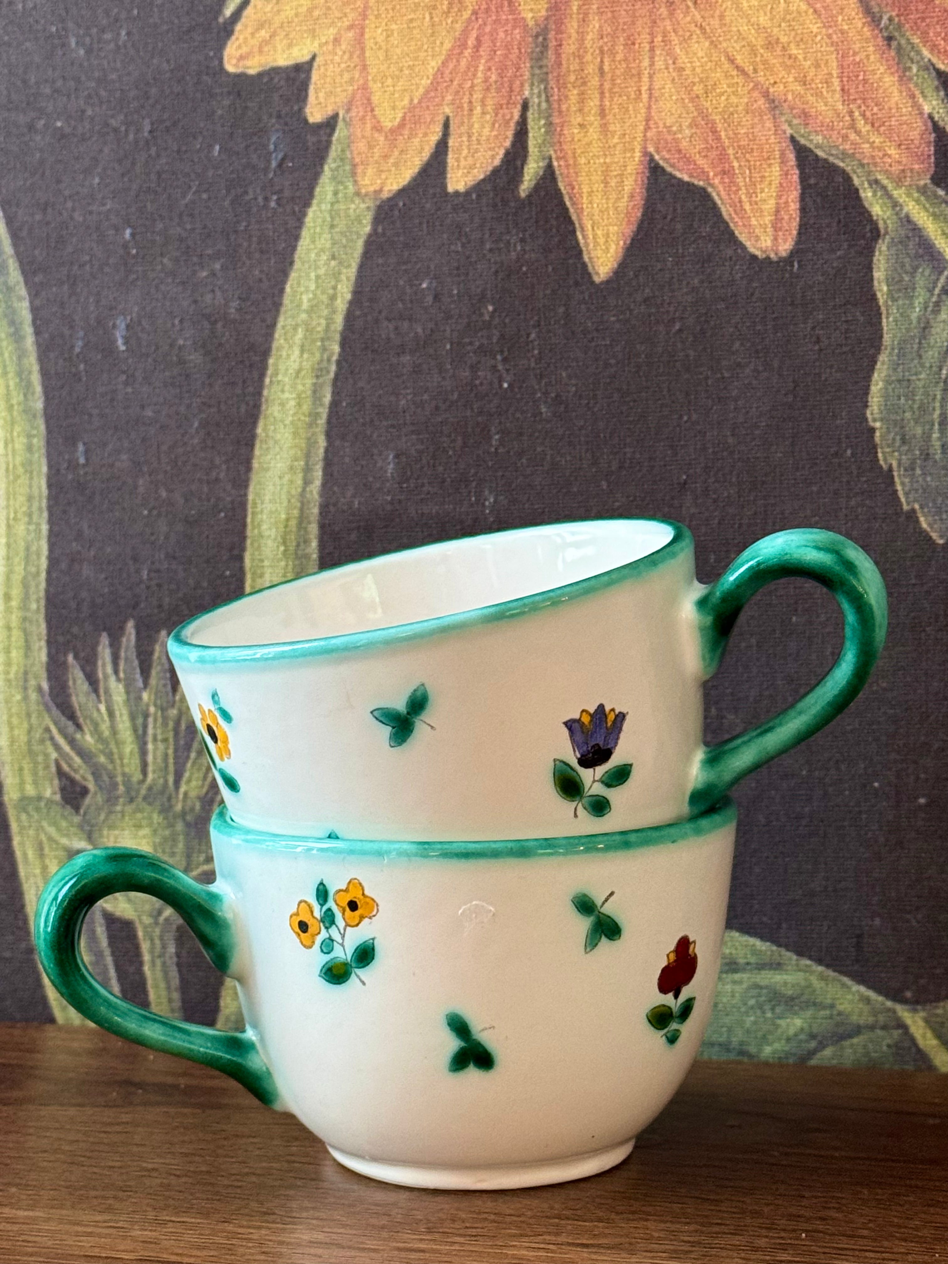 Set of Vintage Gmundner Keramik Alpine Flowers Pattern / Austria / Tea Cup, Mug, & RARE Candle Holder