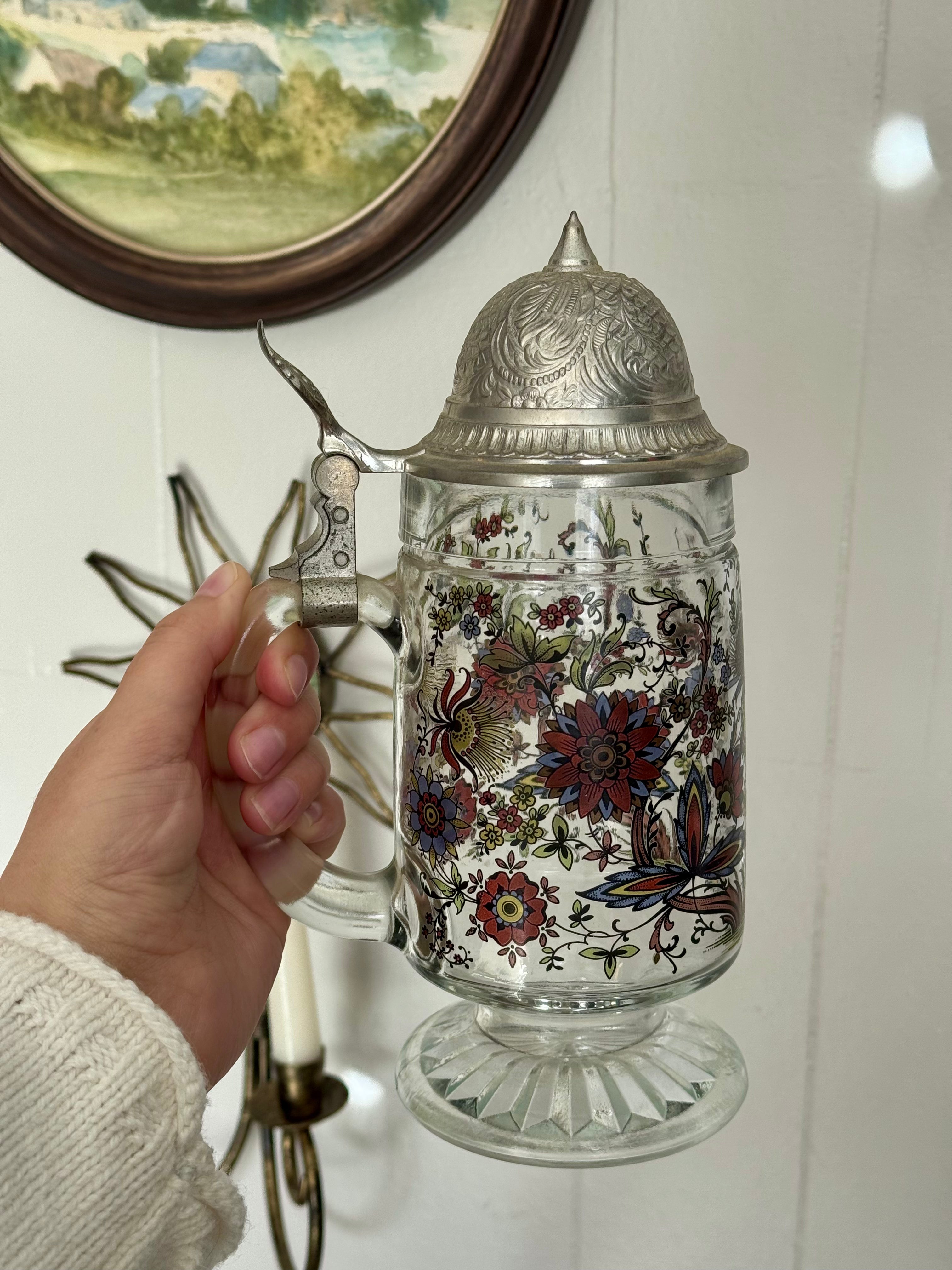 Vintage BMF Floral Glass Beer Stein with Ornate Silver Pewter Lid, West Germany