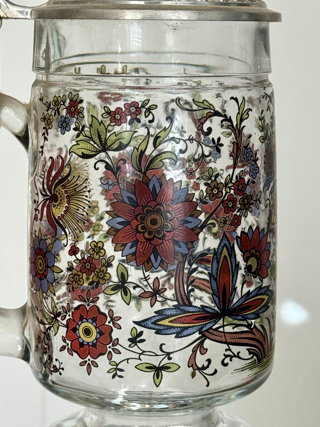 Vintage BMF Floral Glass Beer Stein with Ornate Silver Pewter Lid, West Germany