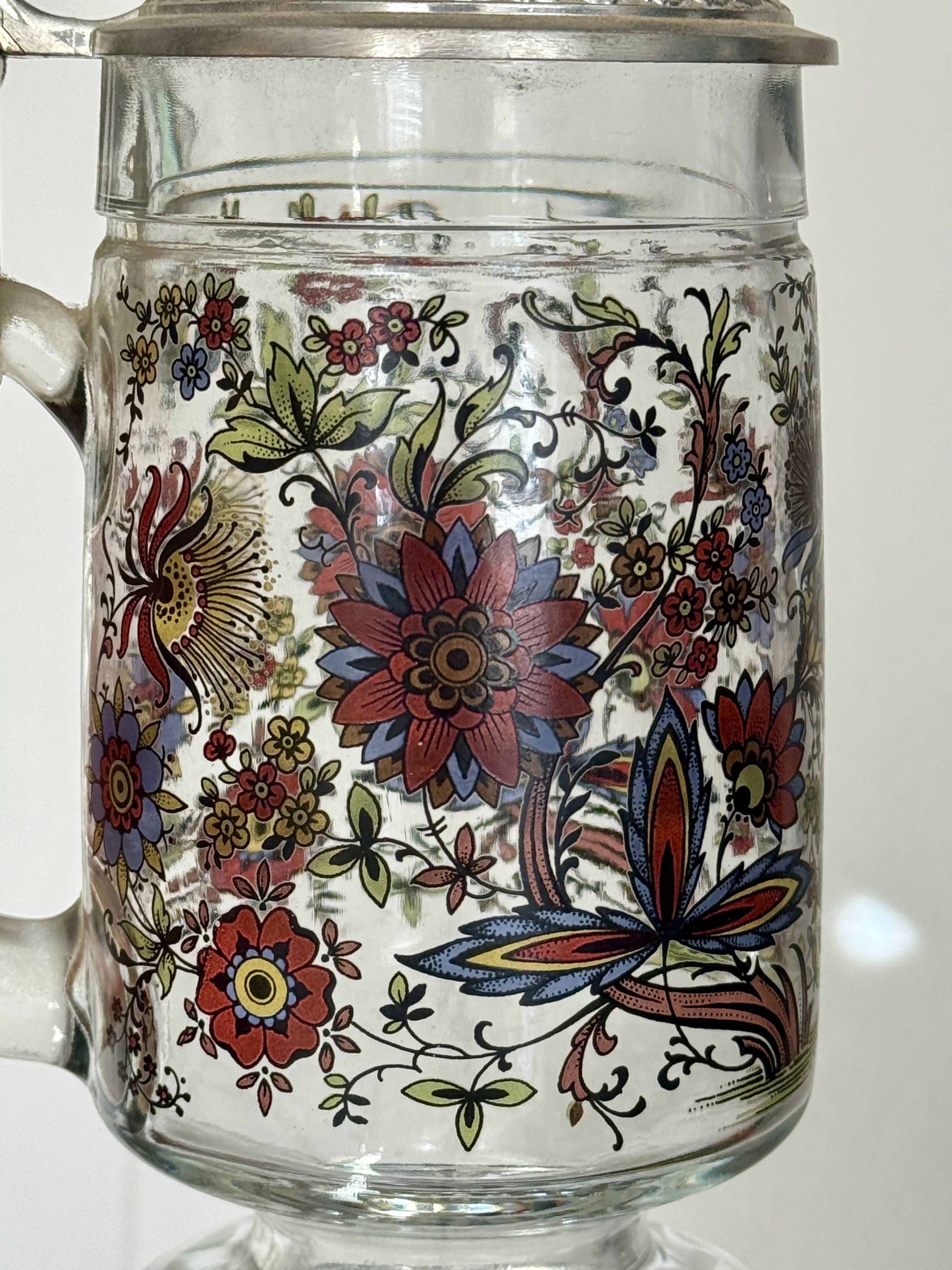 Vintage BMF Floral Glass Beer Stein with Ornate Silver Pewter Lid, West Germany