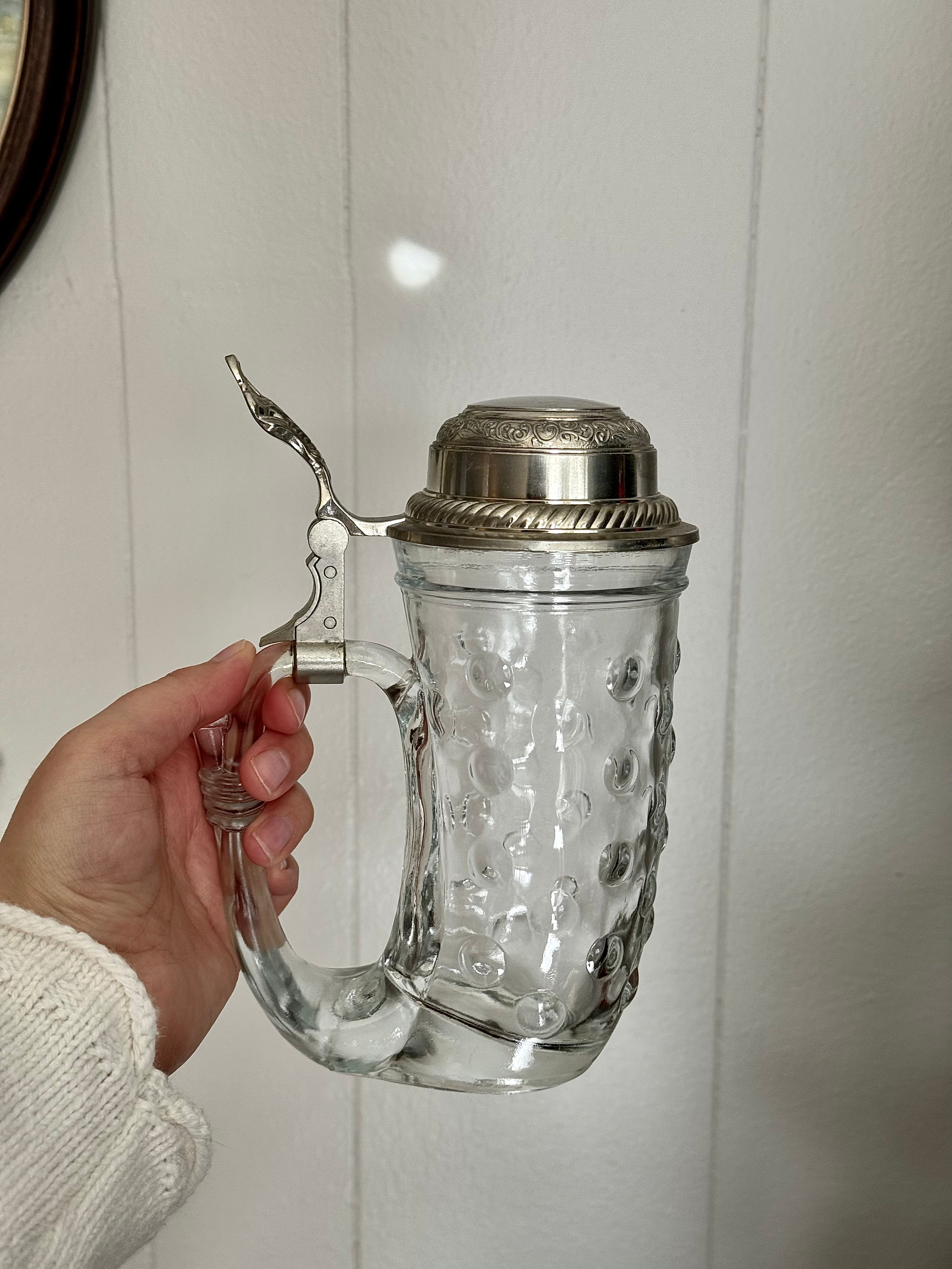 Vintage Hobnail Glass Viking Horn Beer Stein with Silver Pewter Lid, Made in West Germany