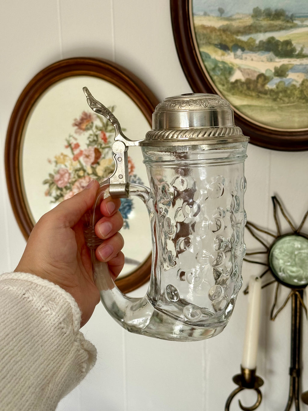 Vintage Hobnail Glass Viking Horn Beer Stein with Silver Pewter Lid, Made in West Germany