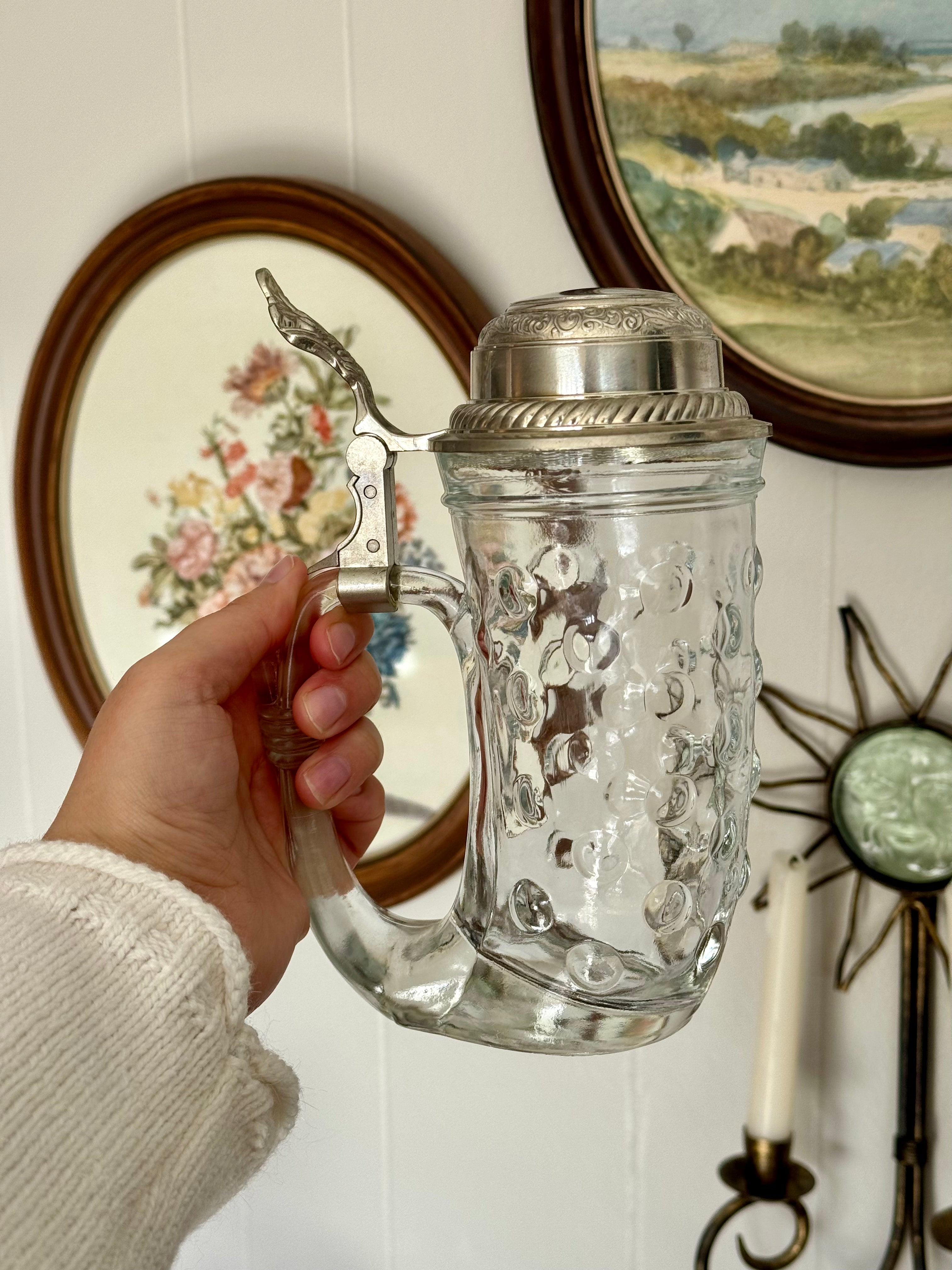 Vintage Hobnail Glass Viking Horn Beer Stein with Silver Pewter Lid, Made in West Germany