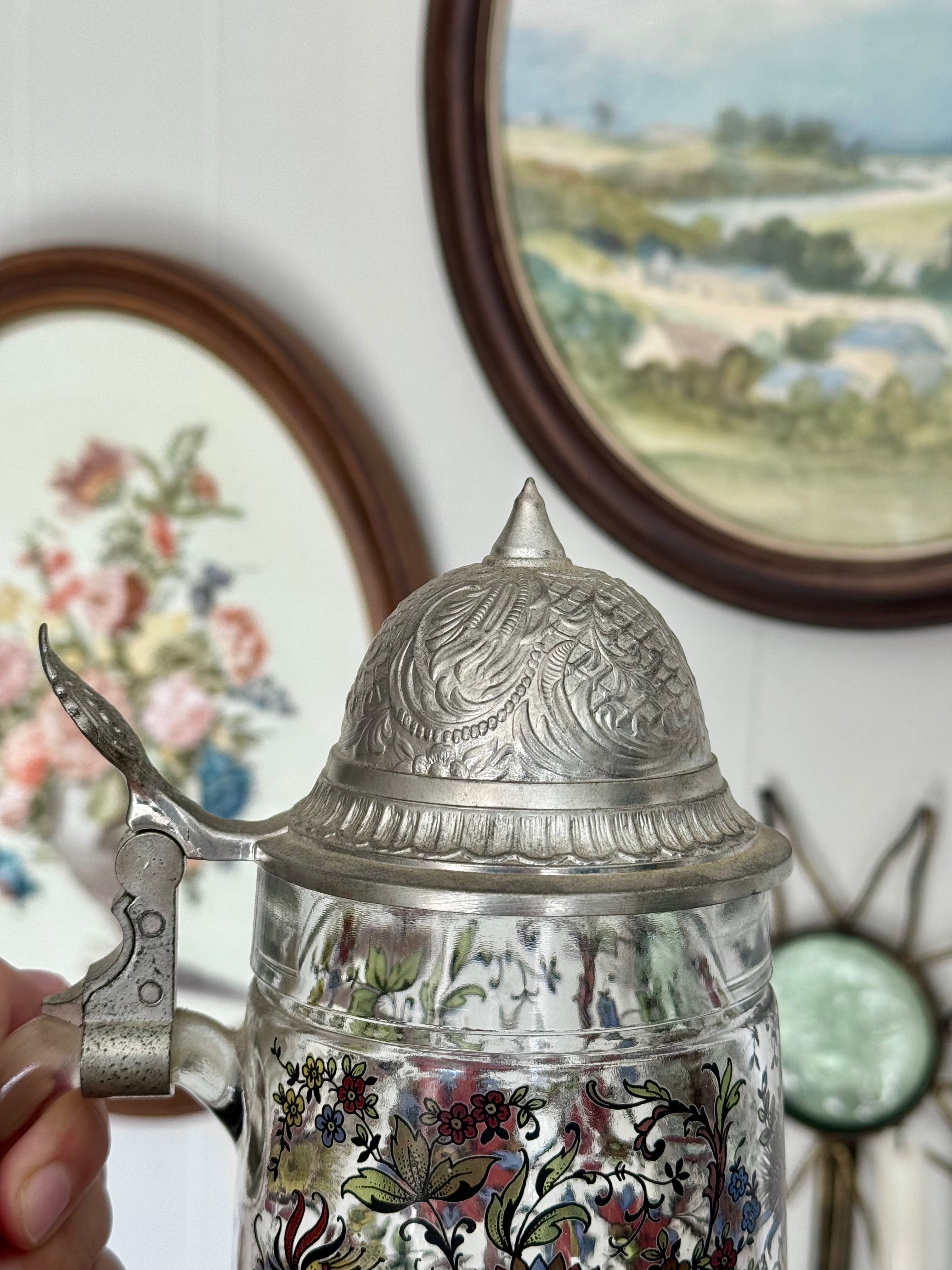 Vintage BMF Floral Glass Beer Stein with Ornate Silver Pewter Lid, West Germany