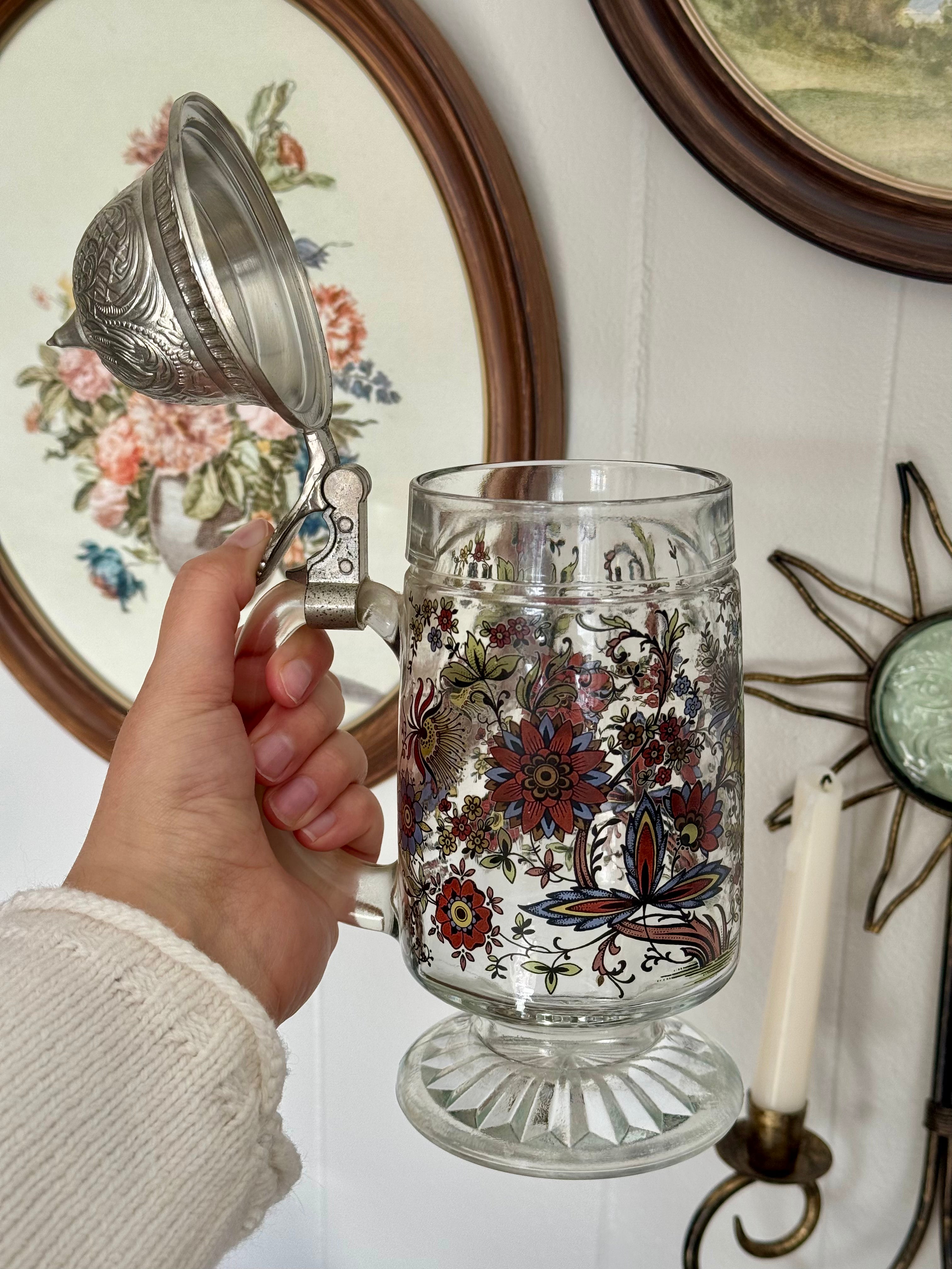 Vintage BMF Floral Glass Beer Stein with Ornate Silver Pewter Lid, West Germany