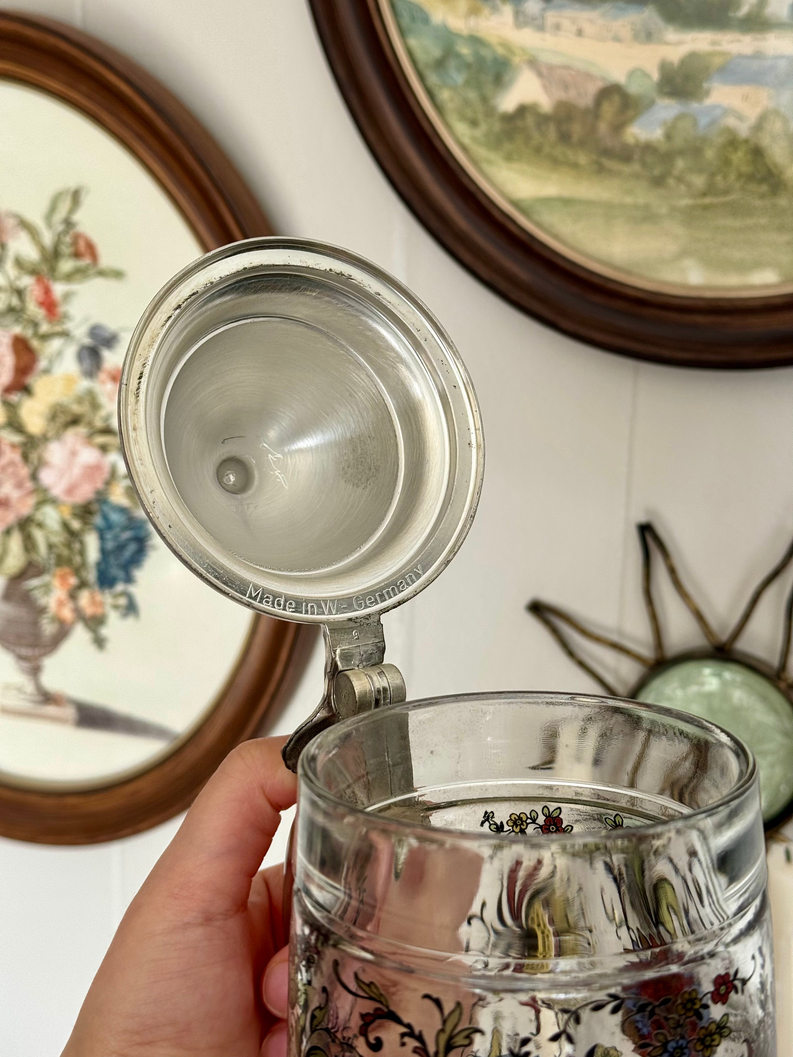 Vintage BMF Floral Glass Beer Stein with Ornate Silver Pewter Lid, West Germany