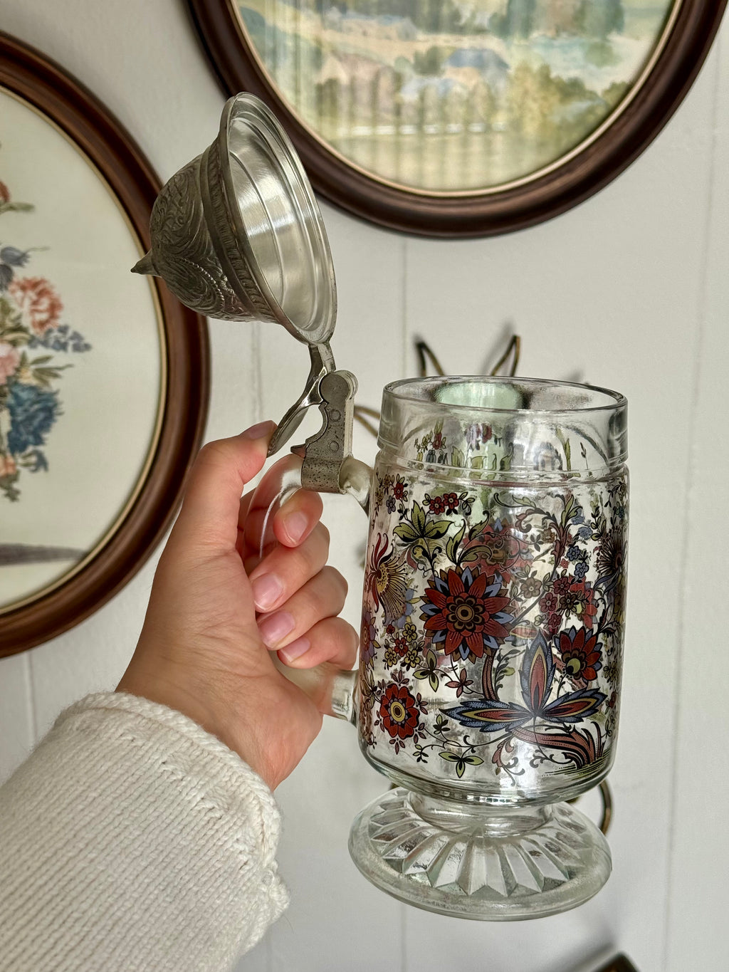 Vintage BMF Floral Glass Beer Stein with Ornate Silver Pewter Lid, West Germany