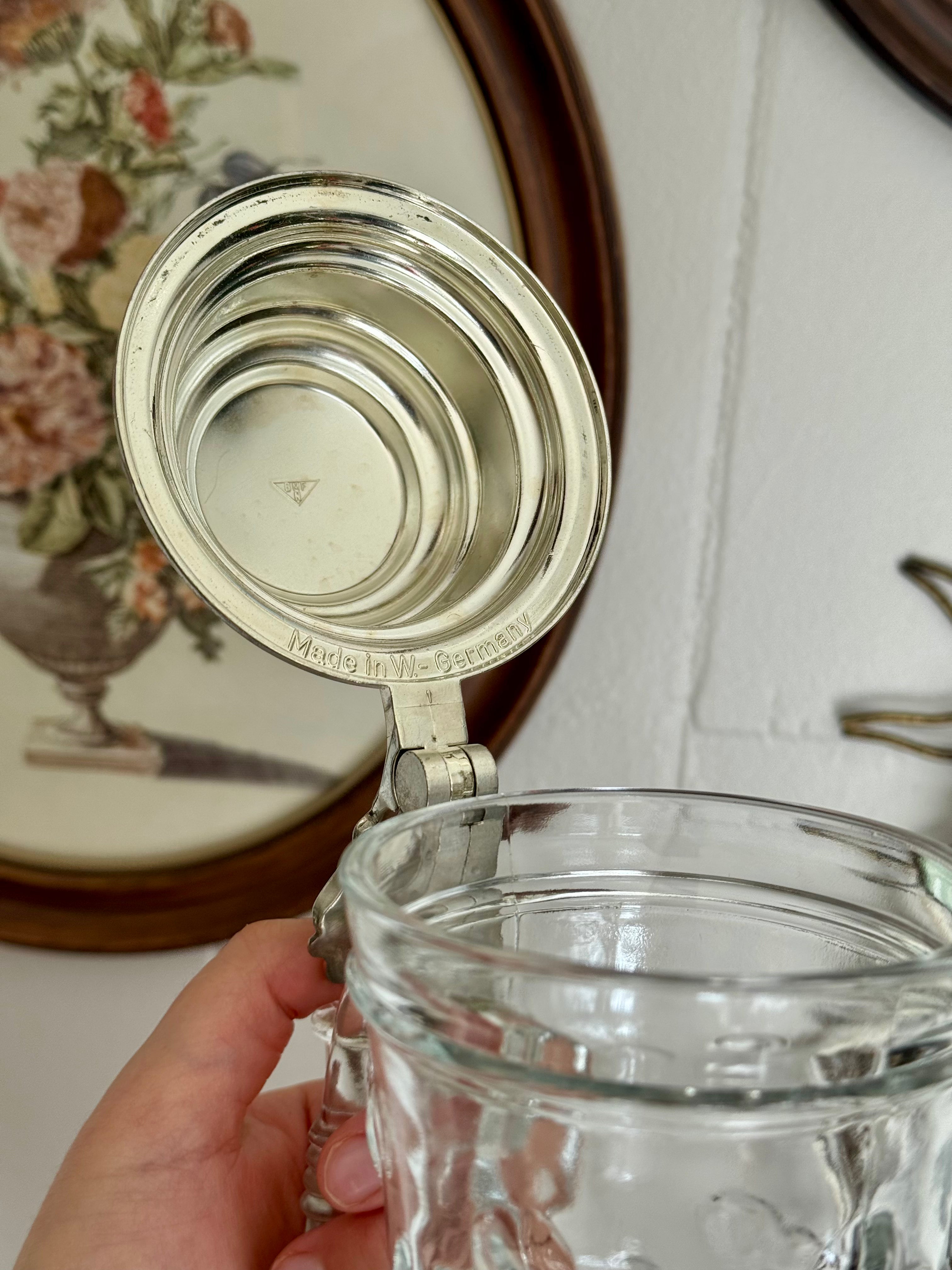 Vintage Hobnail Glass Viking Horn Beer Stein with Silver Pewter Lid, Made in West Germany