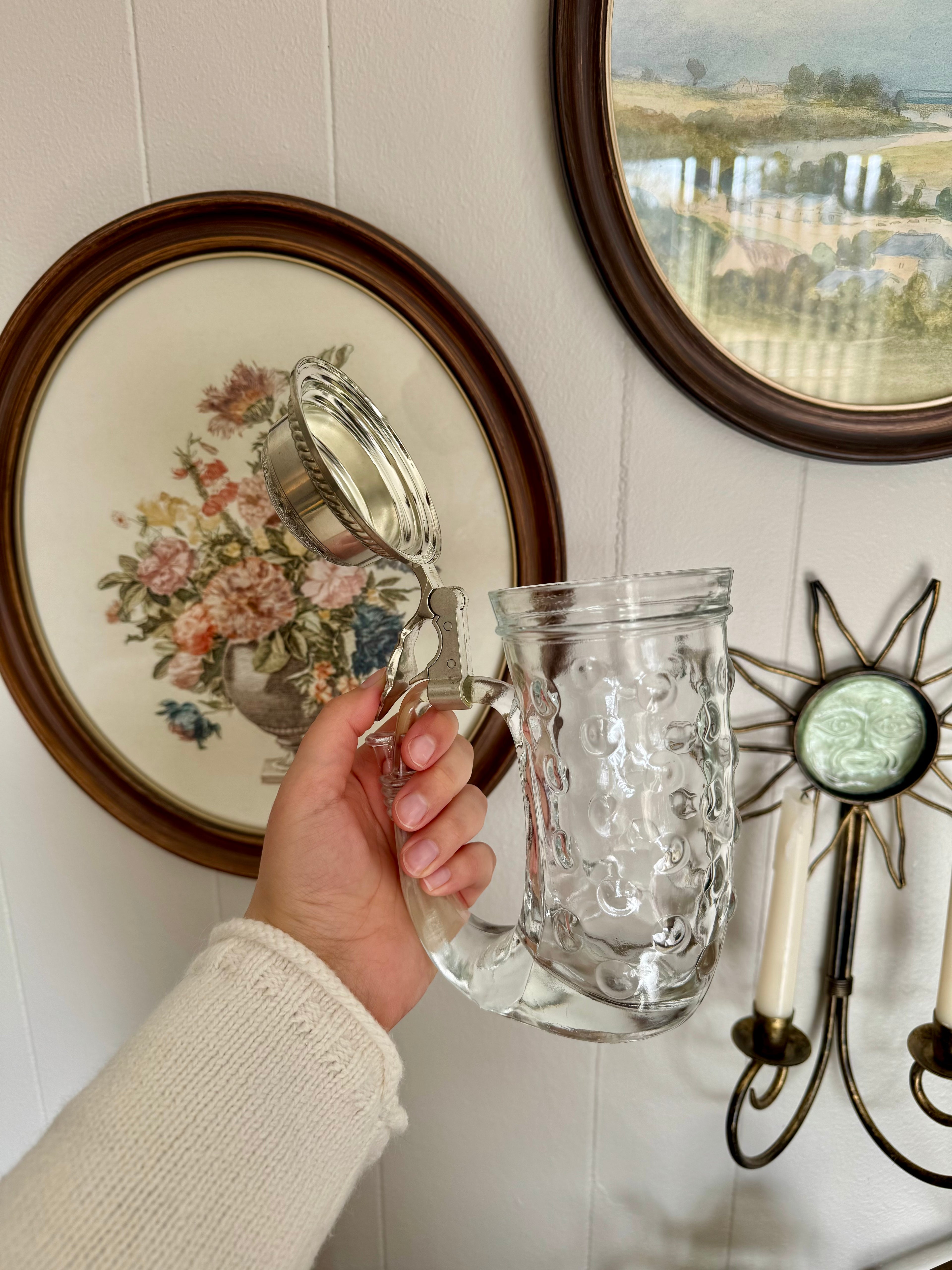 Vintage Hobnail Glass Viking Horn Beer Stein with Silver Pewter Lid, Made in West Germany