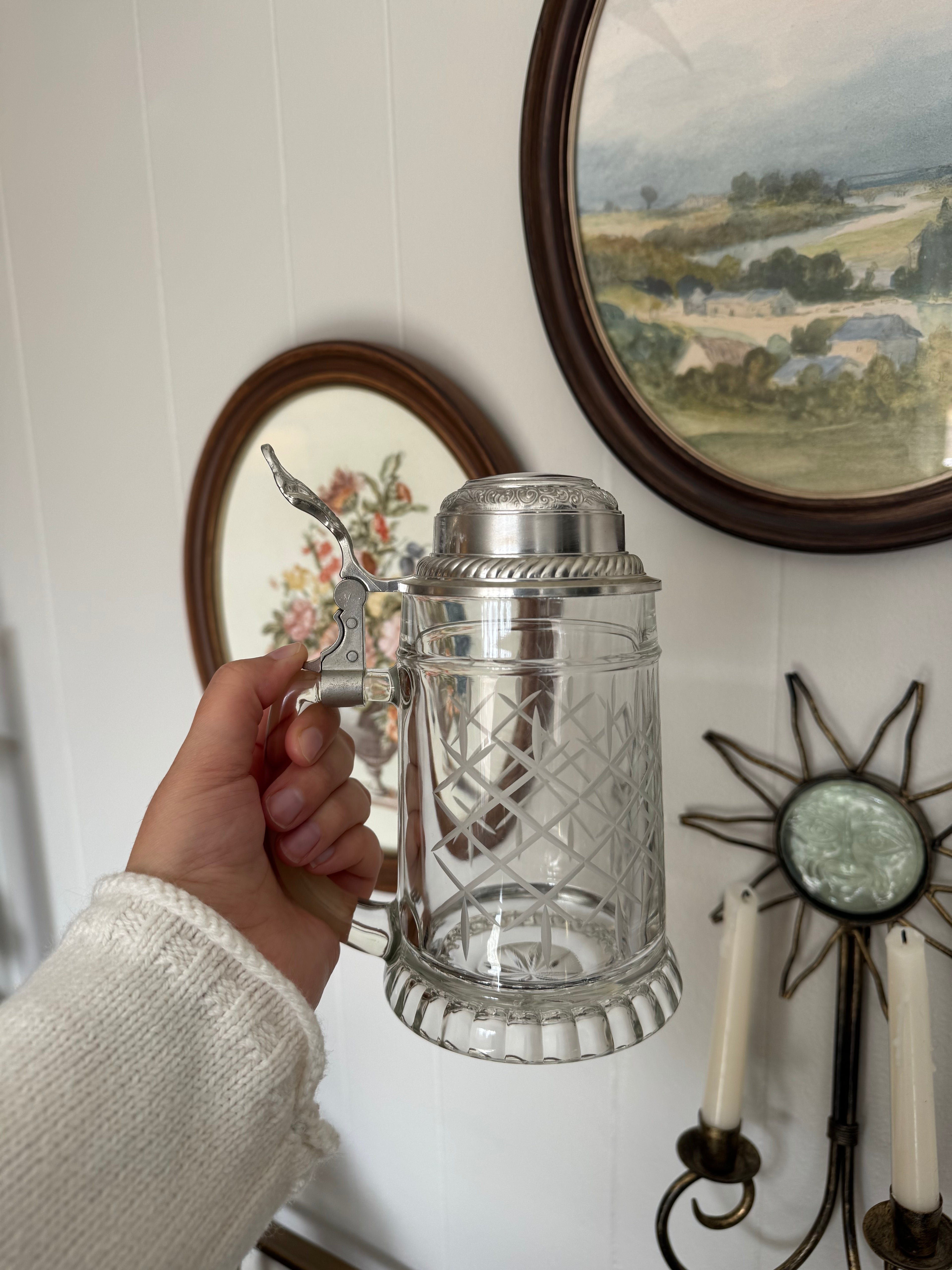 Vintage BMF Etched Glass Beer Stein with Silver Pewter Lid, West Germany