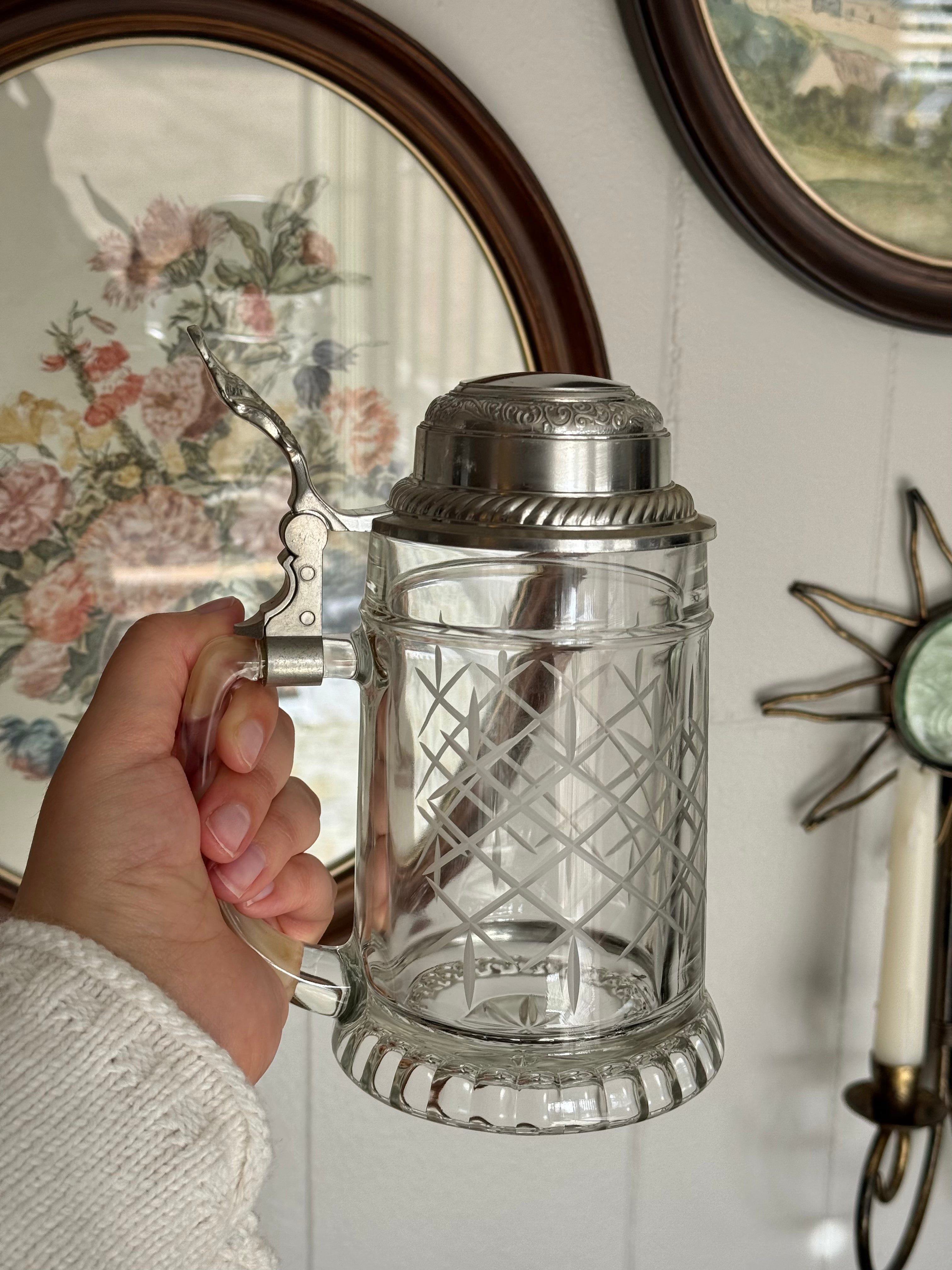 Vintage BMF Etched Glass Beer Stein with Silver Pewter Lid, West Germany