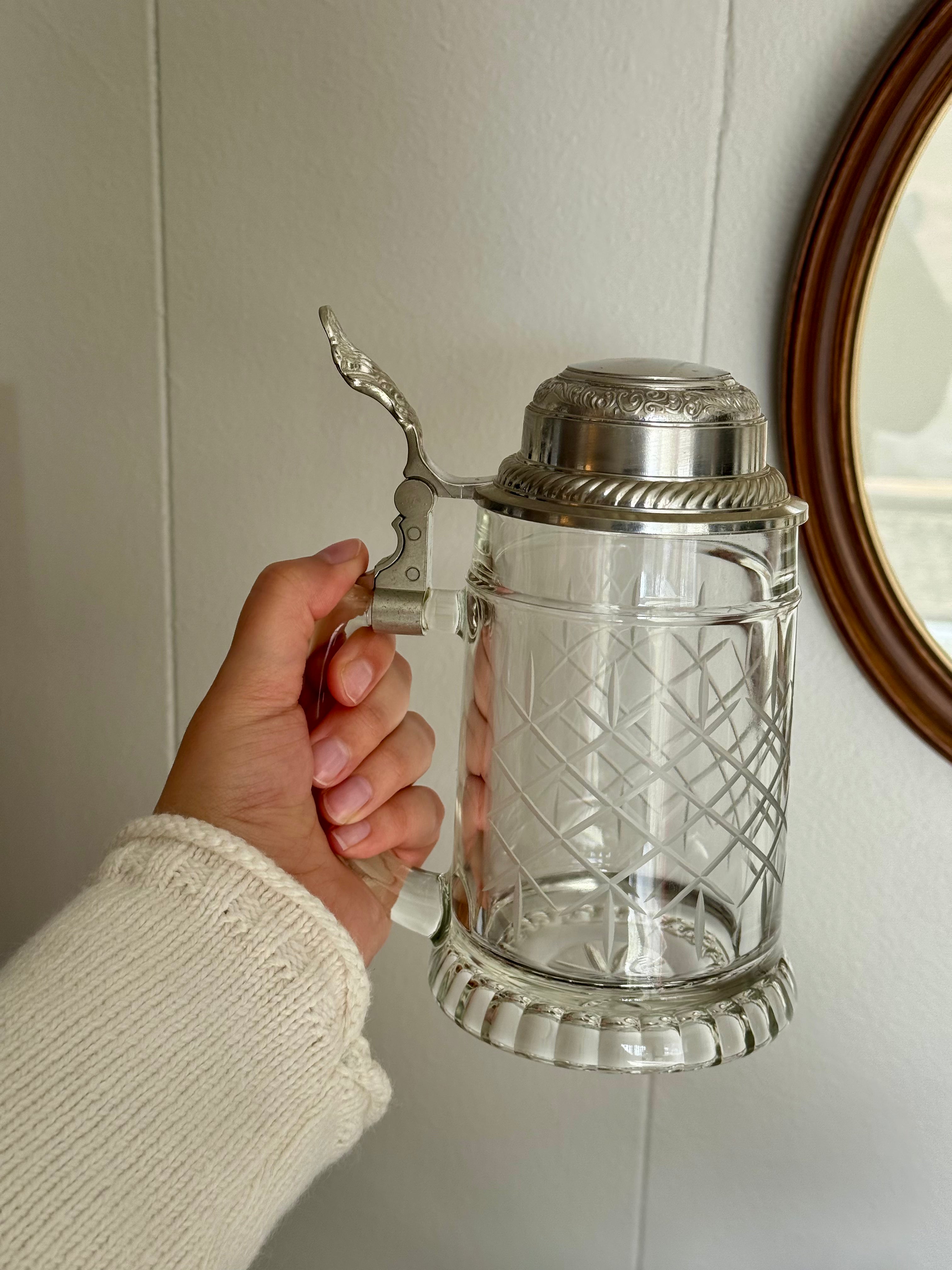 Vintage BMF Etched Glass Beer Stein with Silver Pewter Lid, West Germany
