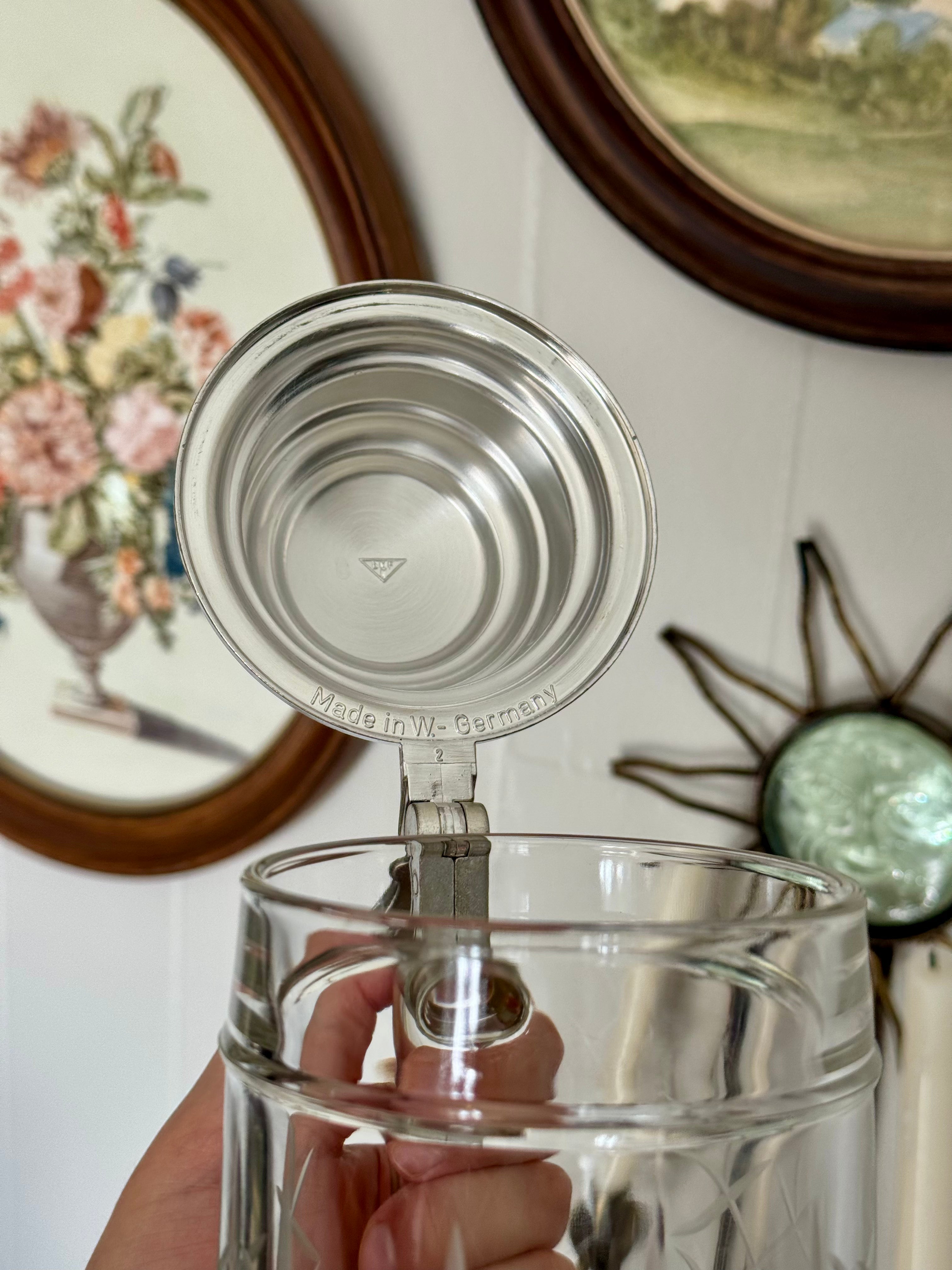 Vintage BMF Etched Glass Beer Stein with Silver Pewter Lid, West Germany