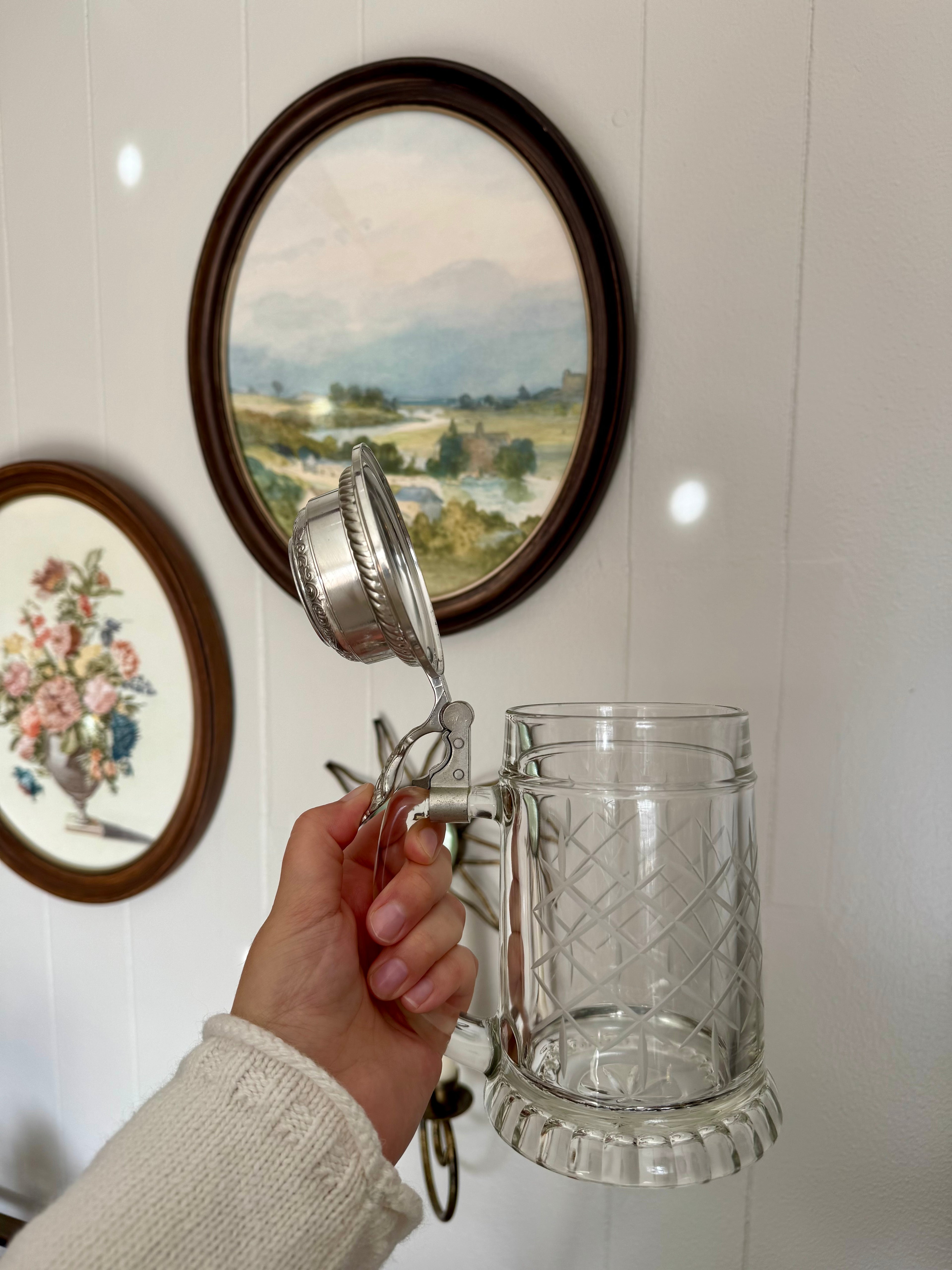 Vintage BMF Etched Glass Beer Stein with Silver Pewter Lid, West Germany