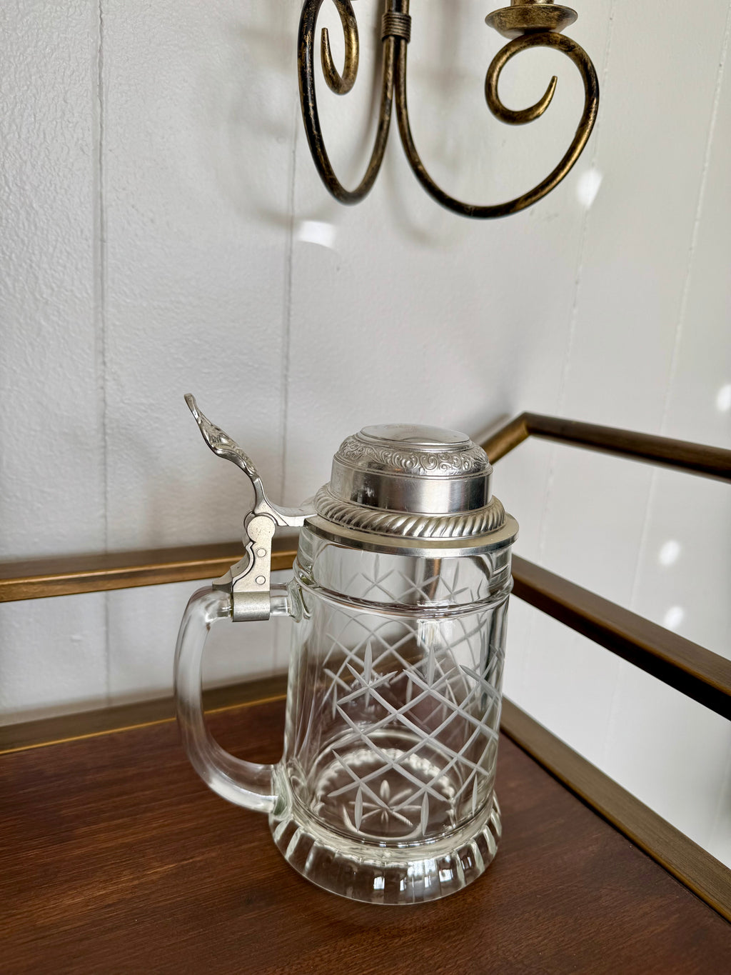 Vintage BMF Etched Glass Beer Stein with Silver Pewter Lid, West Germany