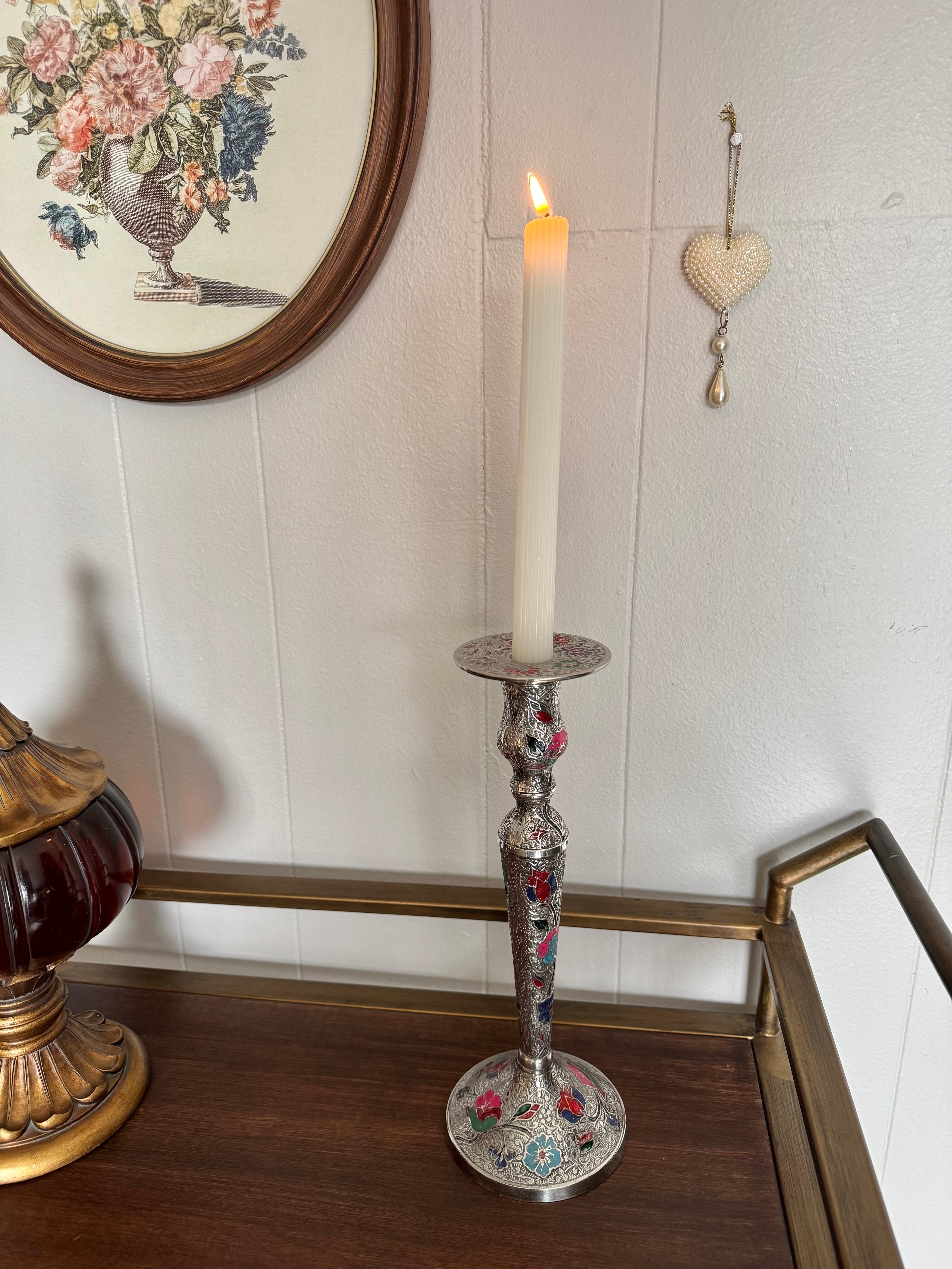 Vintage Silver-Tone Persian Ghalamzani Style Enamel Floral Ornate Engraved Candlestick Holder