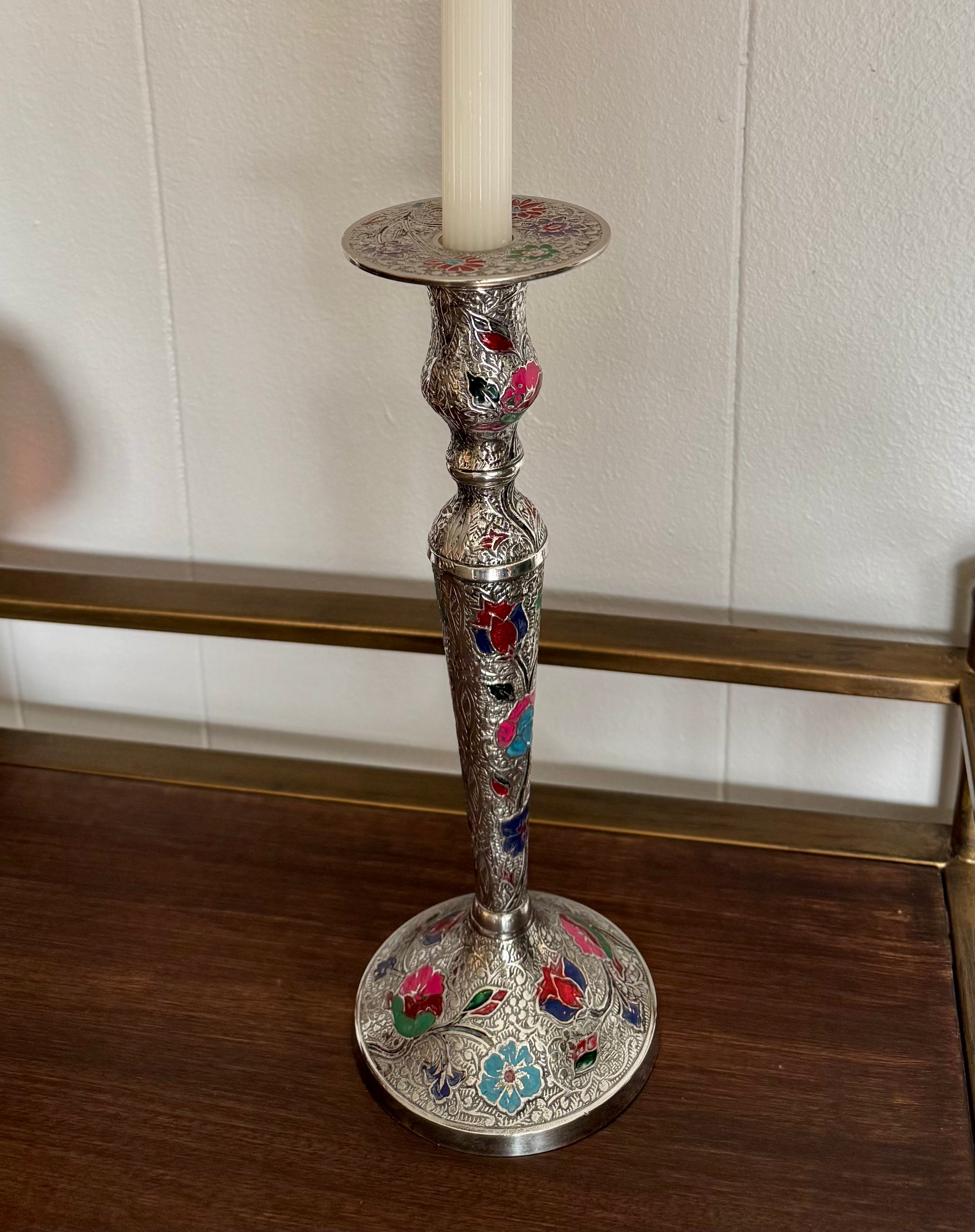 Vintage Silver-Tone Persian Ghalamzani Style Enamel Floral Ornate Engraved Candlestick Holder