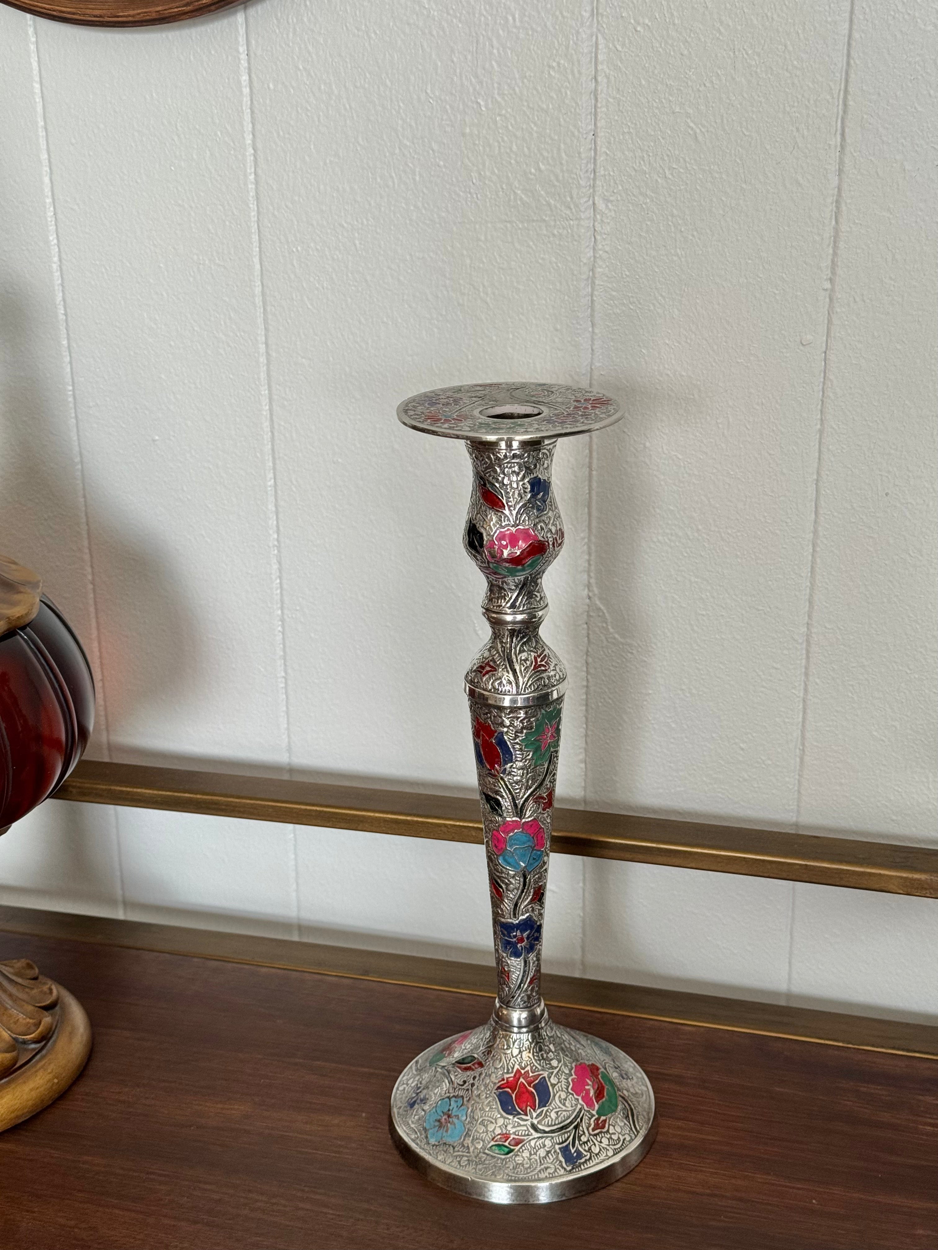 Vintage Silver-Tone Persian Ghalamzani Style Enamel Floral Ornate Engraved Candlestick Holder