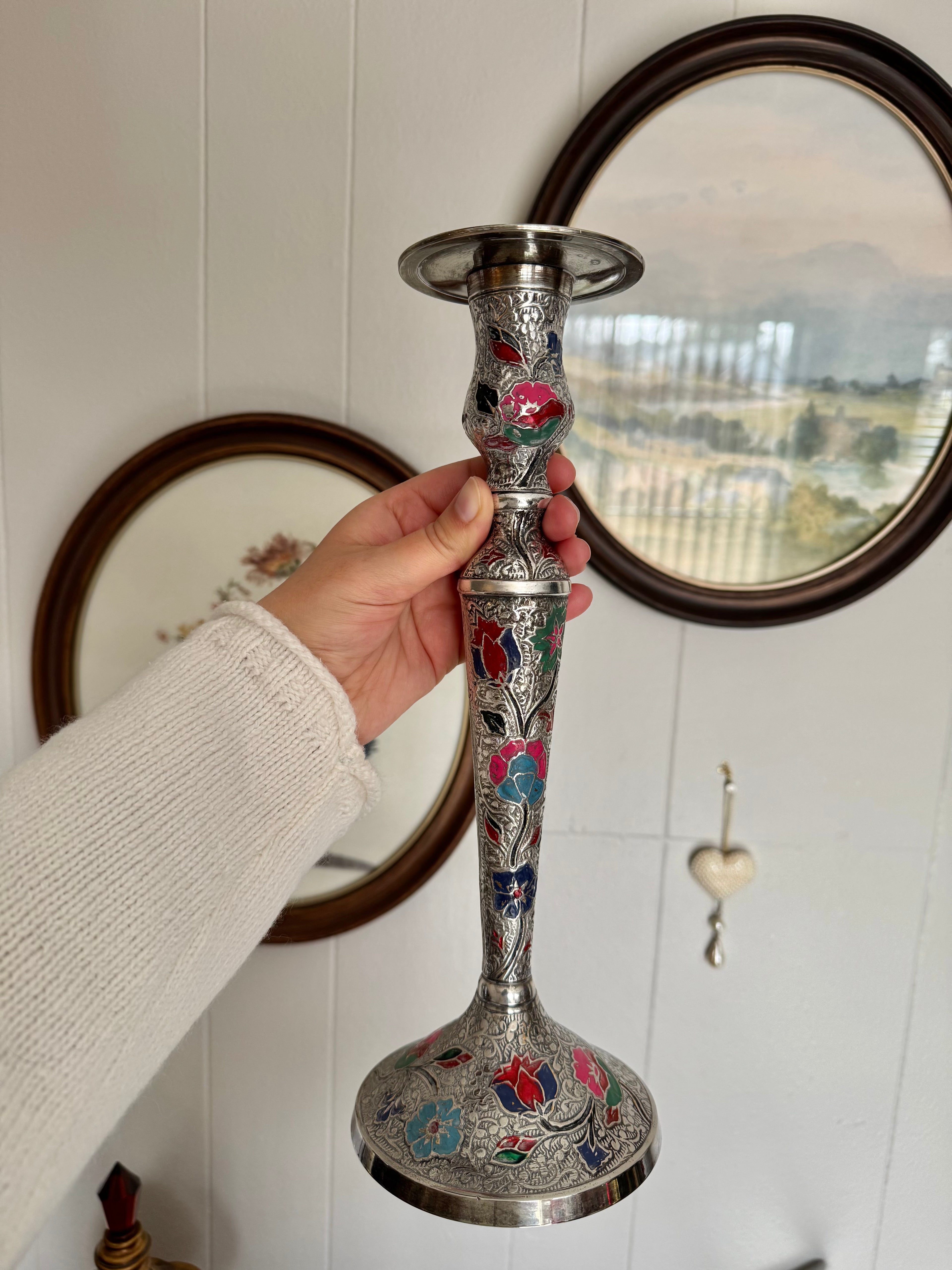 Vintage Silver-Tone Persian Ghalamzani Style Enamel Floral Ornate Engraved Candlestick Holder