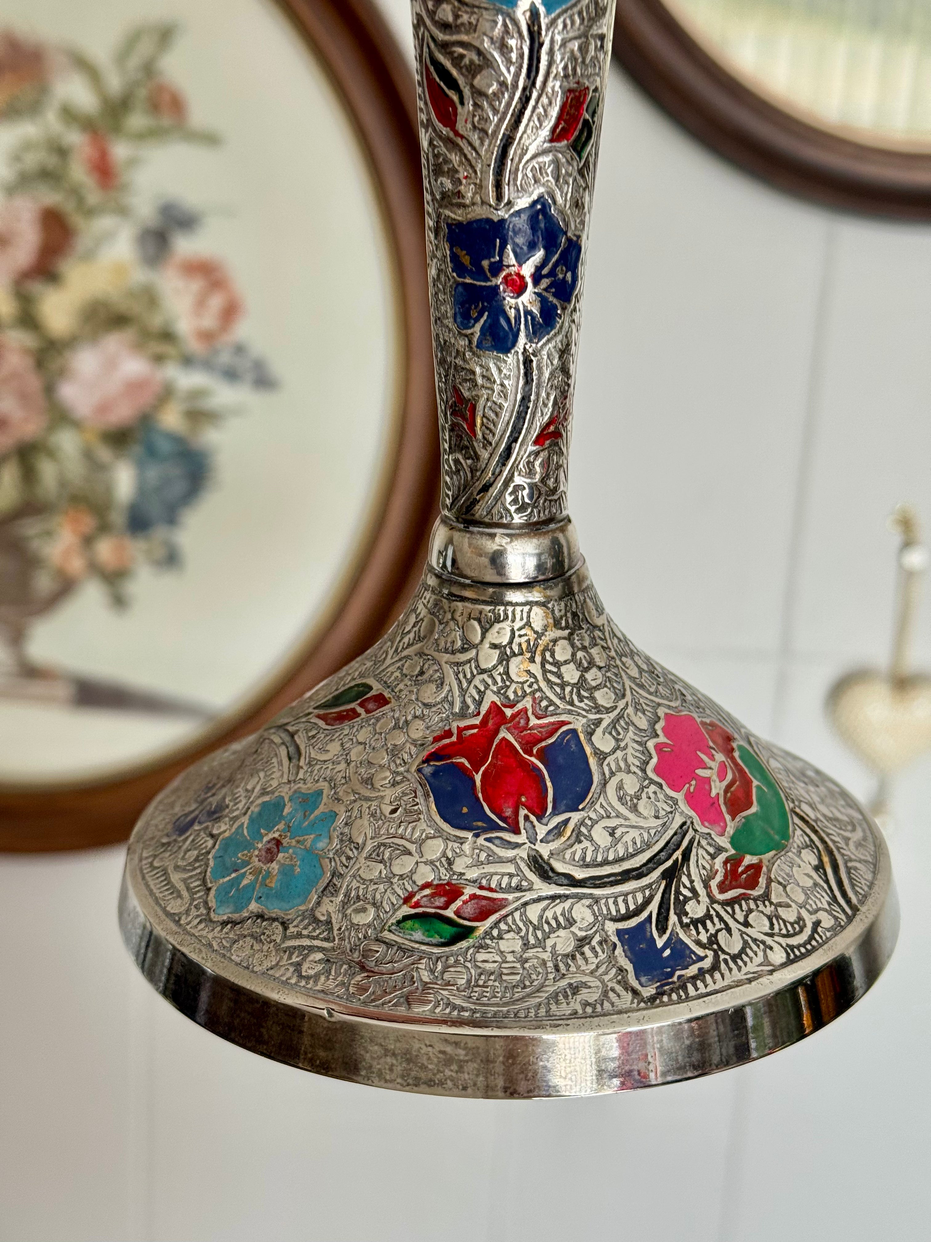 Vintage Silver-Tone Persian Ghalamzani Style Enamel Floral Ornate Engraved Candlestick Holder