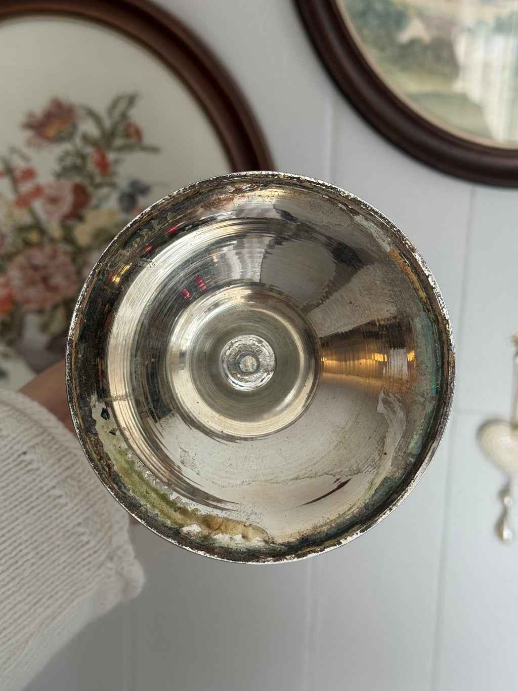 Vintage Silver-Tone Persian Ghalamzani Style Enamel Floral Ornate Engraved Candlestick Holder