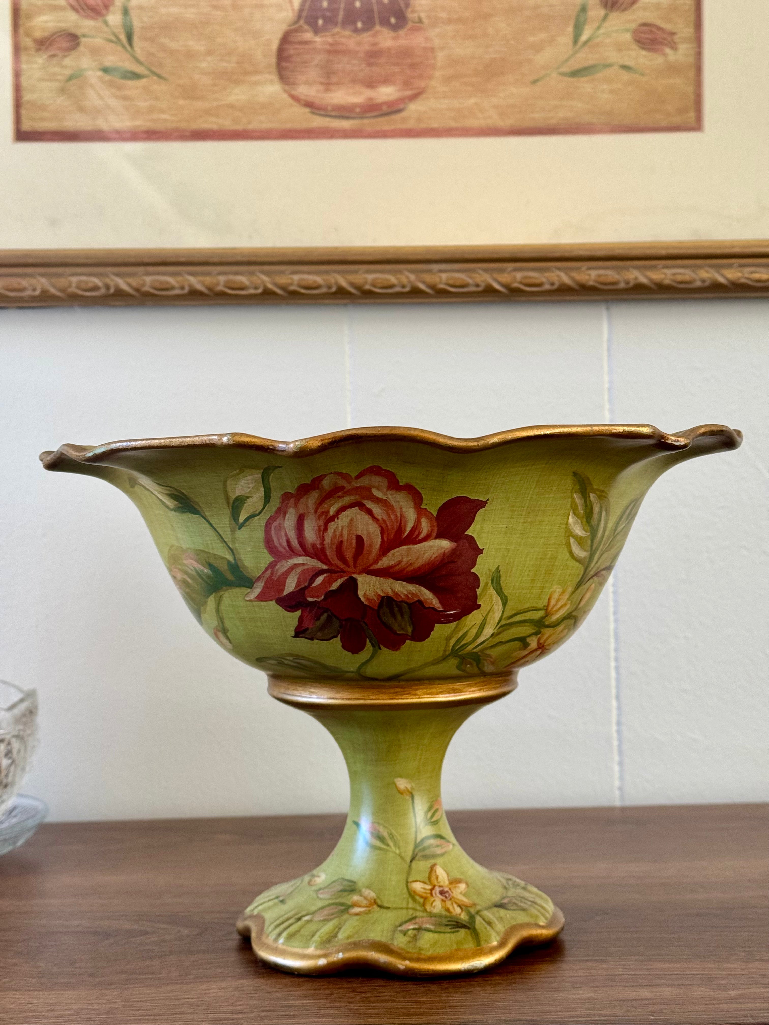 Vintage Green Floral Decorative Footed Bowl by Raymond Waites Studio