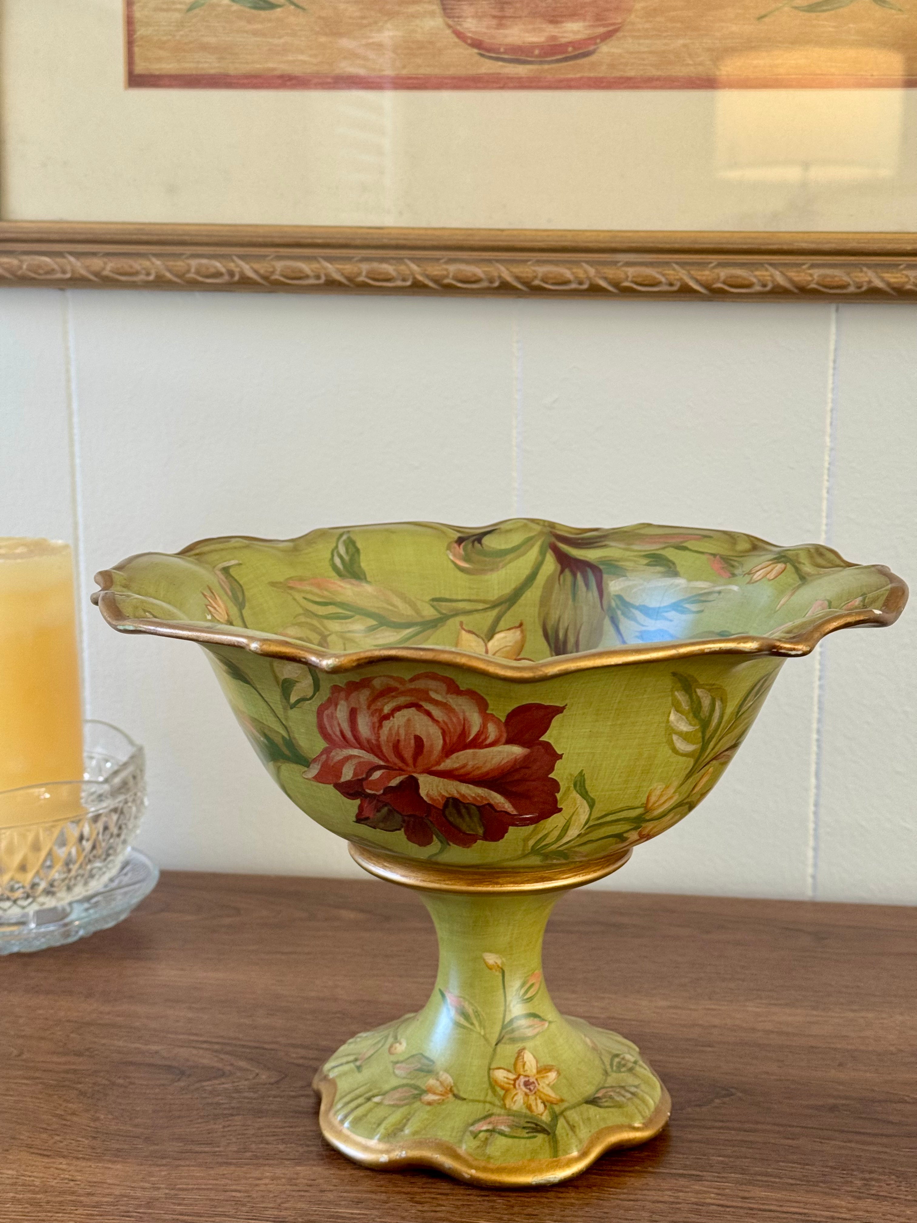 Vintage Green Floral Decorative Footed Bowl by Raymond Waites Studio