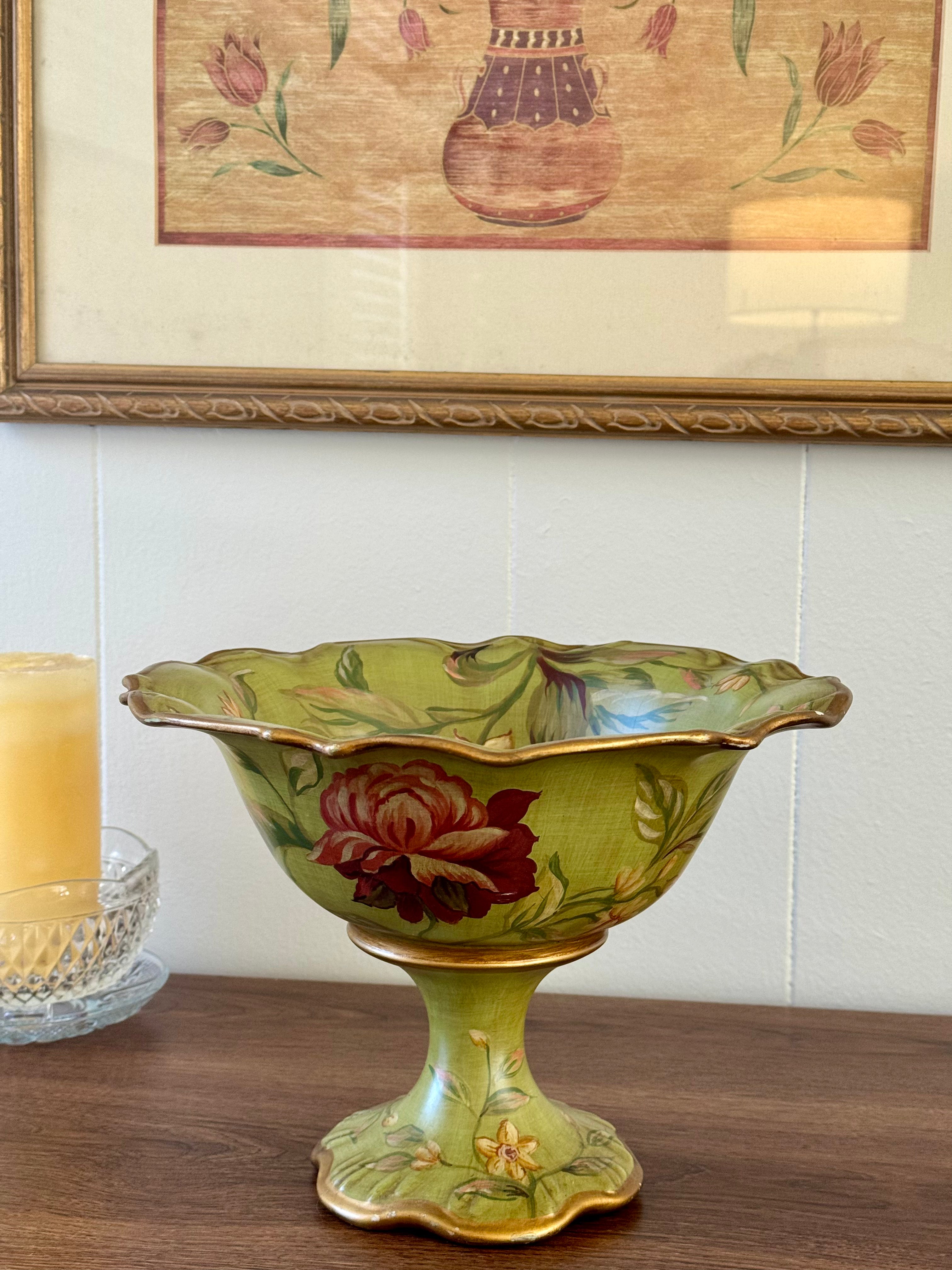 Vintage Green Floral Decorative Footed Bowl by Raymond Waites Studio