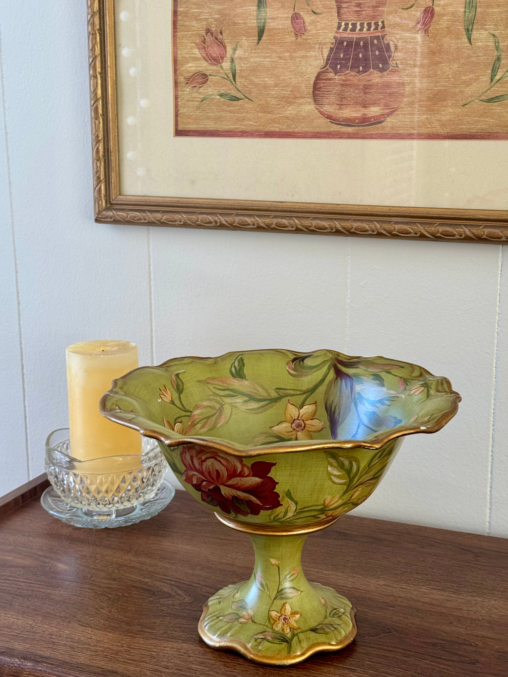 Vintage Green Floral Decorative Footed Bowl by Raymond Waites Studio