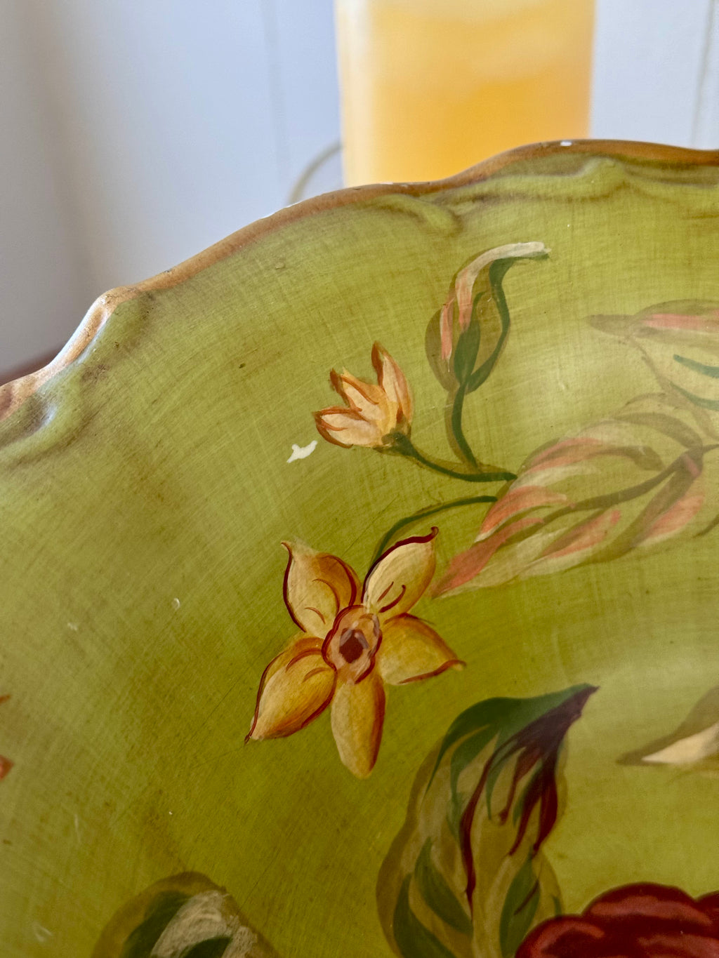 Vintage Green Floral Decorative Footed Bowl by Raymond Waites Studio