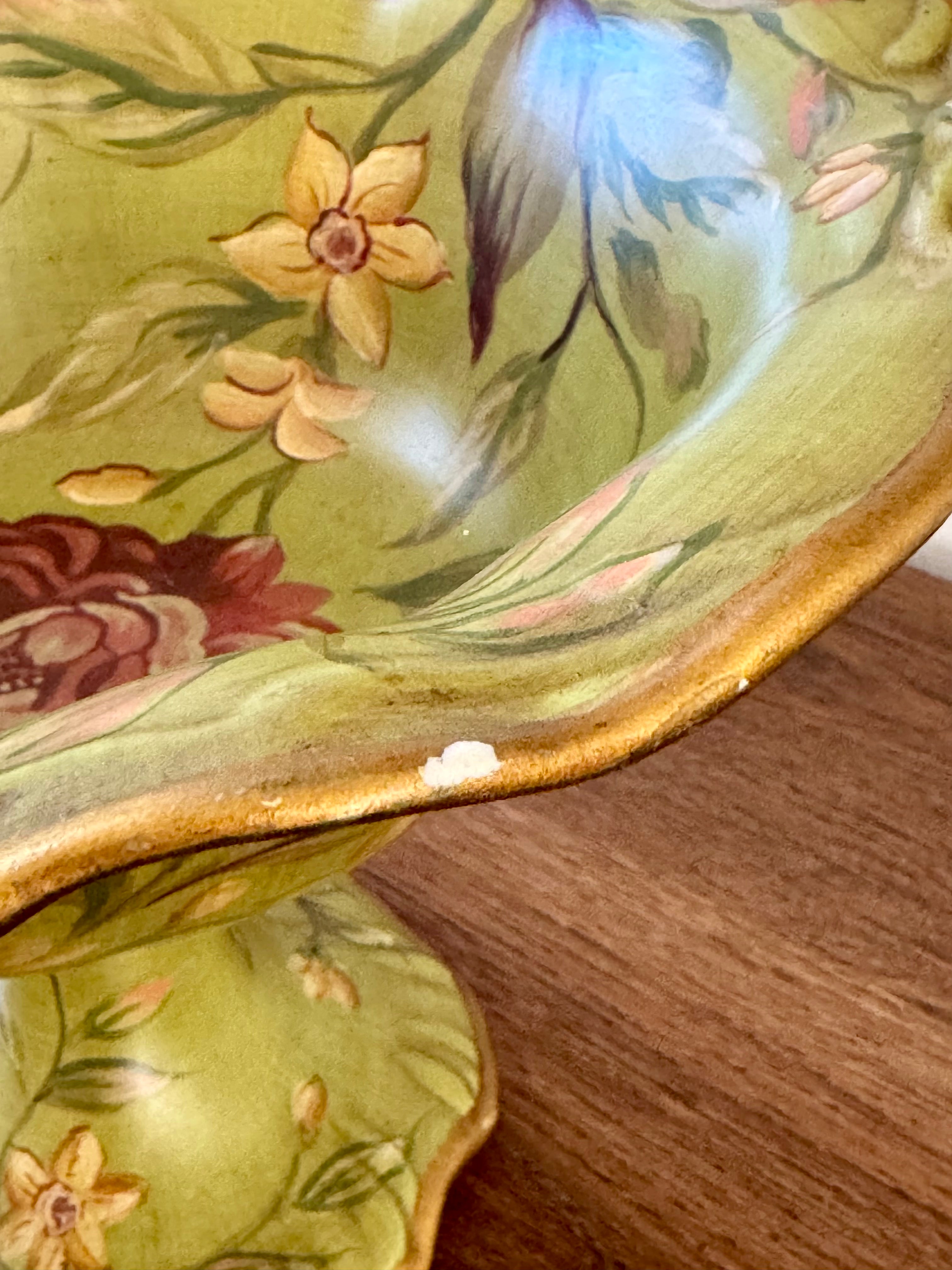 Vintage Green Floral Decorative Footed Bowl by Raymond Waites Studio