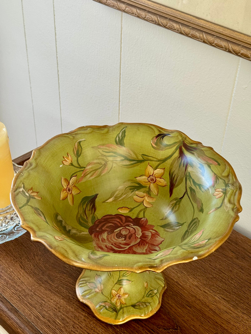 Vintage Green Floral Decorative Footed Bowl by Raymond Waites Studio