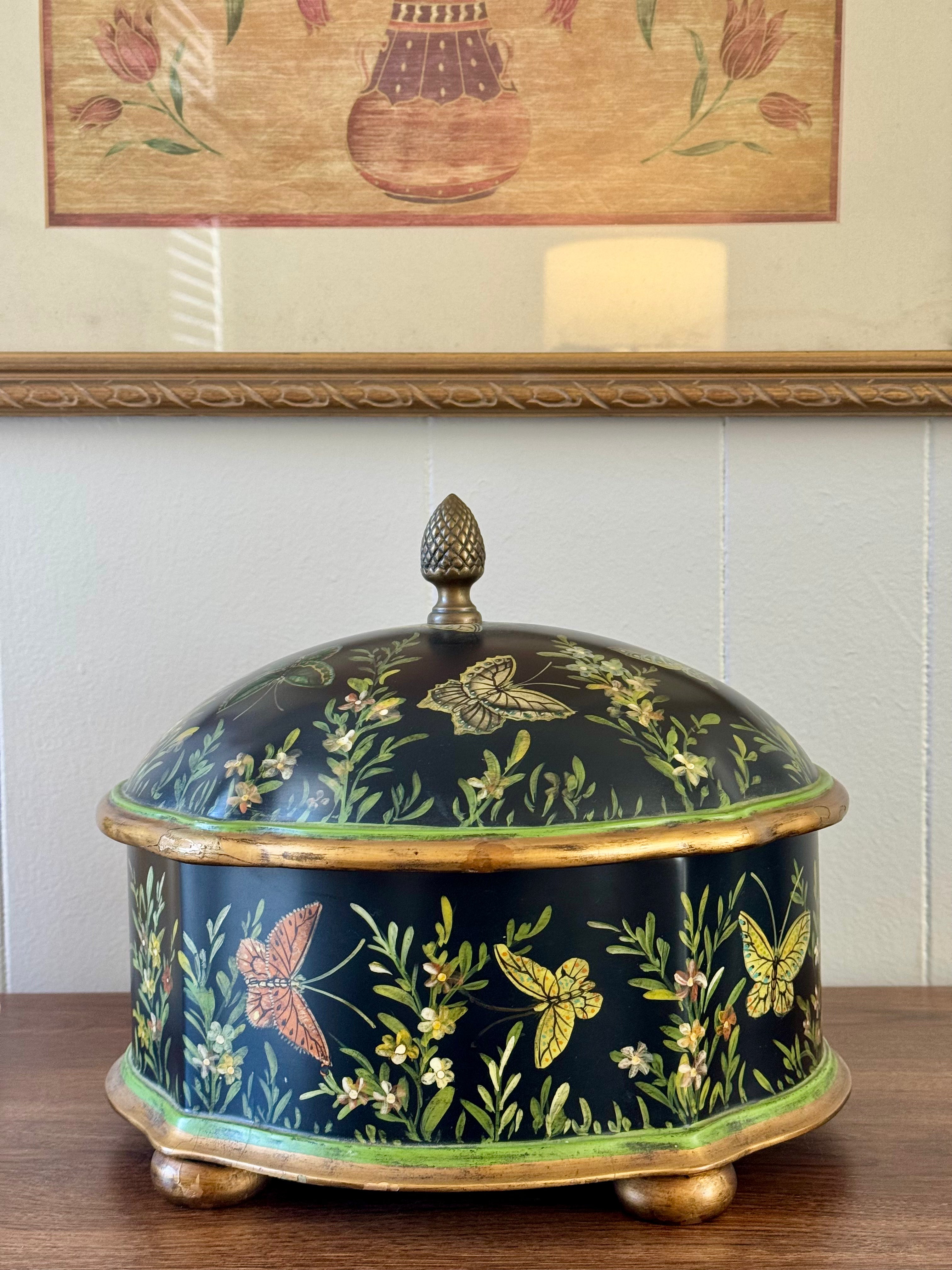 Vintage Hand-Painted Botanical Decorative Storage Box Butterflies and Florals with Brass Top Lid