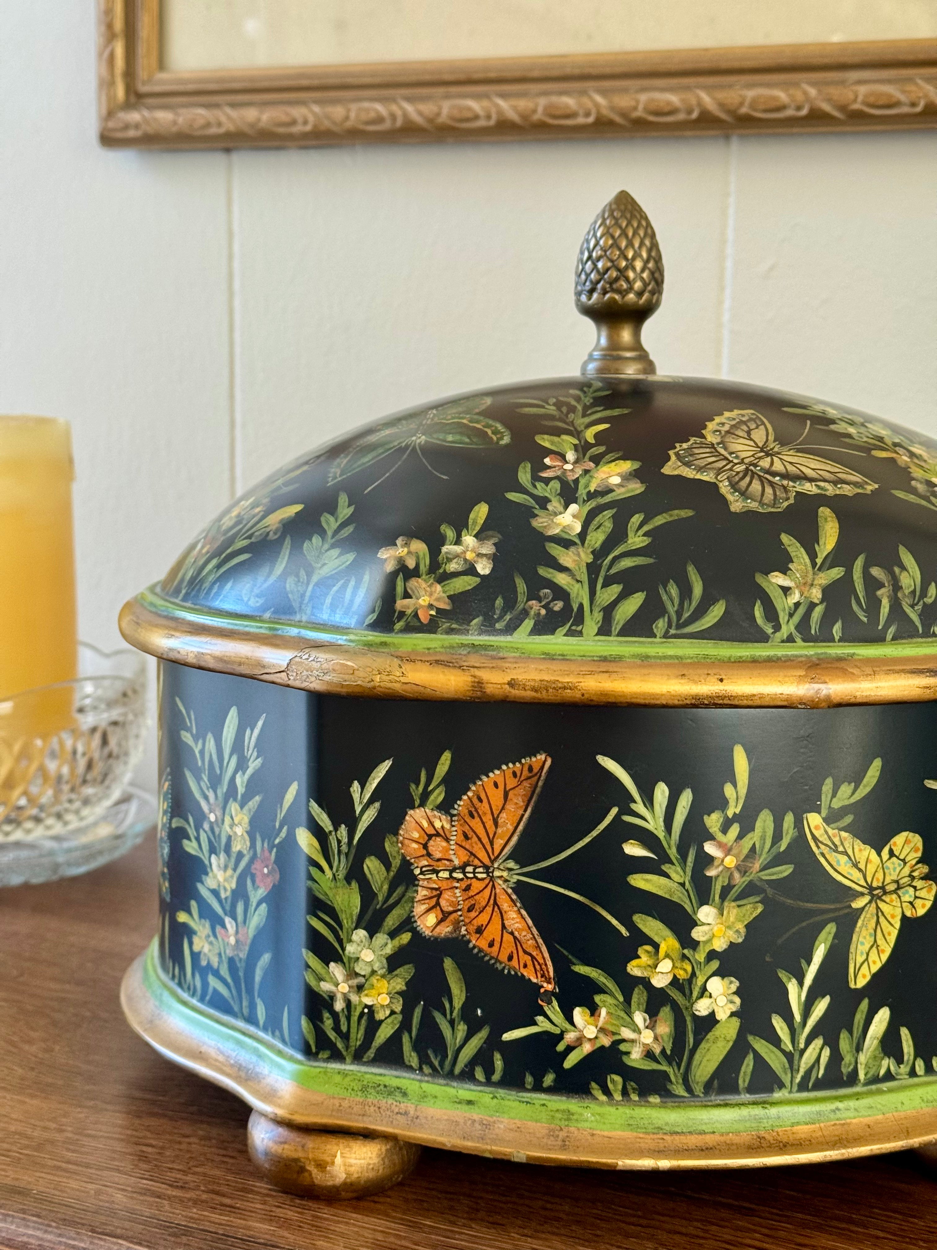 Vintage Hand-Painted Botanical Decorative Storage Box Butterflies and Florals with Brass Top Lid