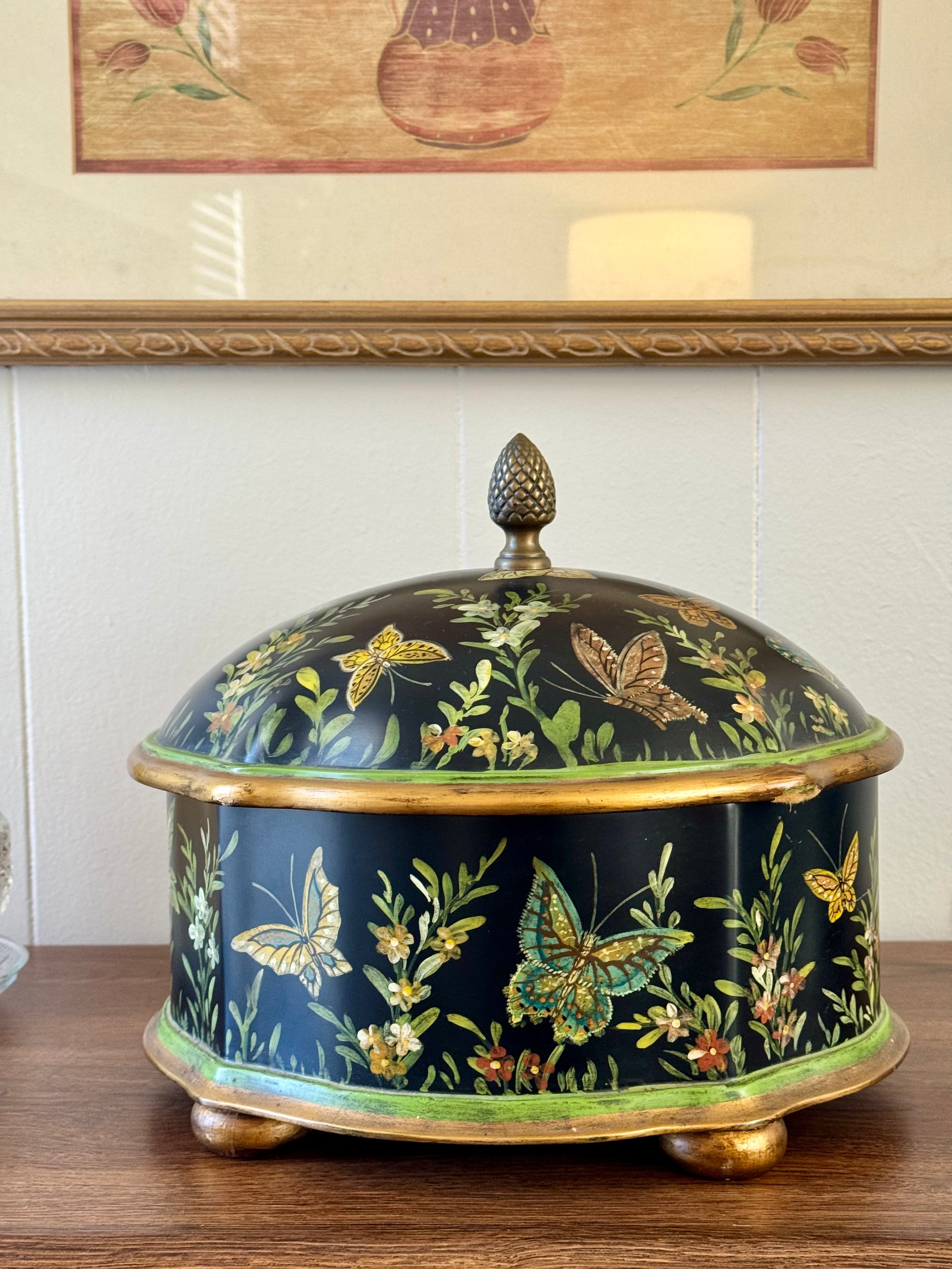 Vintage Hand-Painted Botanical Decorative Storage Box Butterflies and Florals with Brass Top Lid