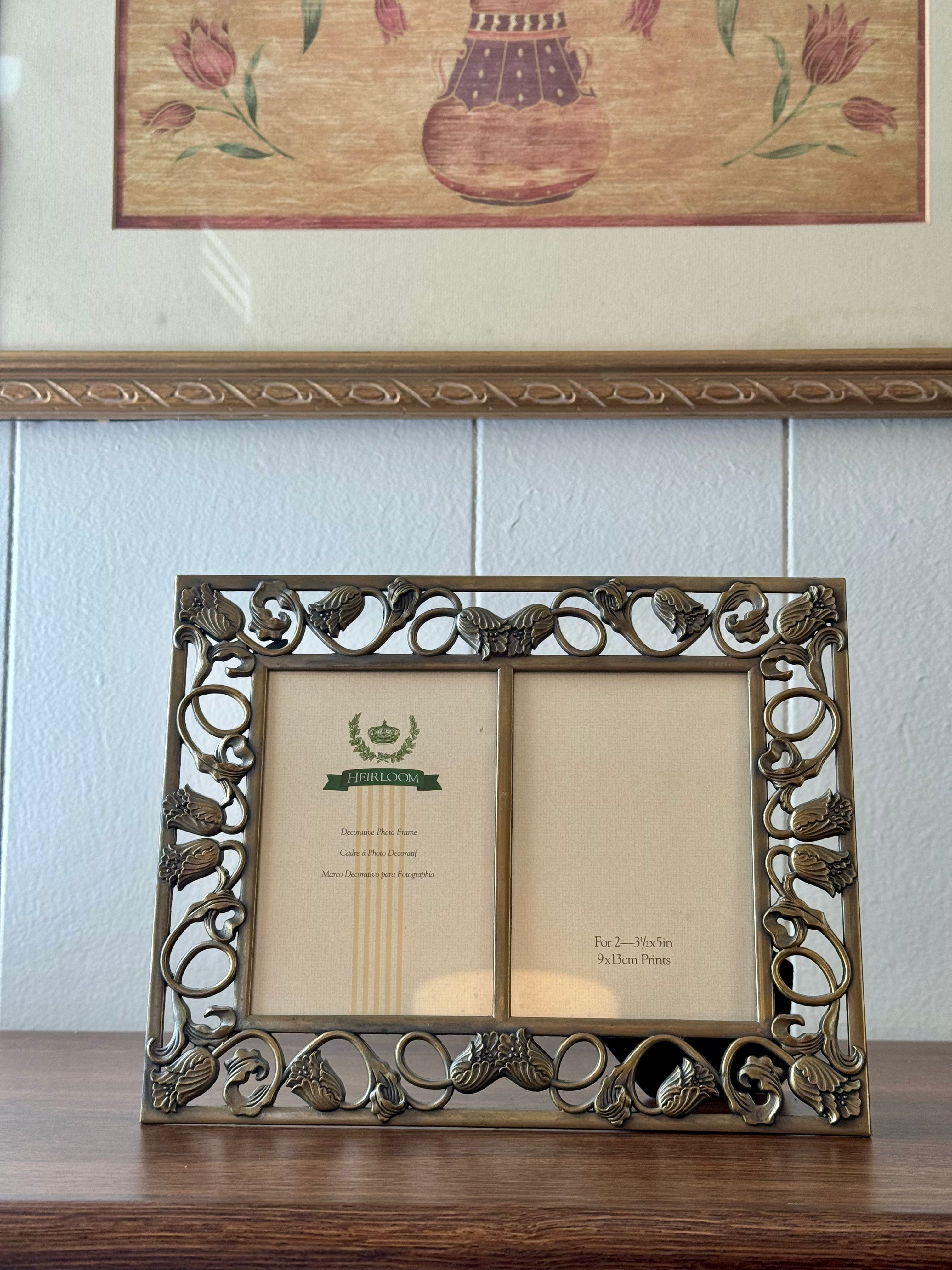 Vintage Victorian-Style Ornate Tulip Flower Double Frame / For 2 - 3 1/2x5in Photos