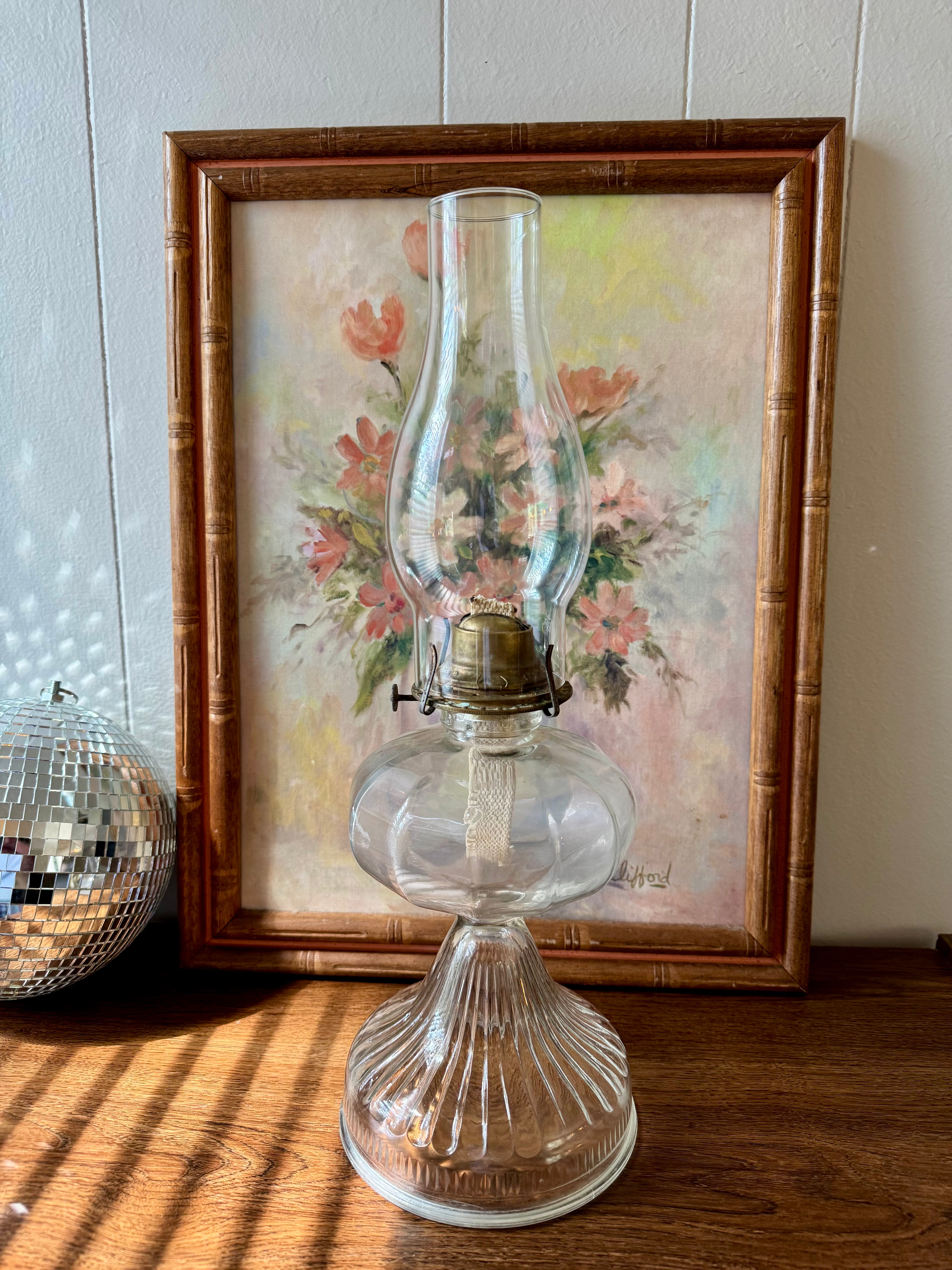 Antique Clear Glass Oil Lamp / Brass Burner / Cottagecore / Farmhouse