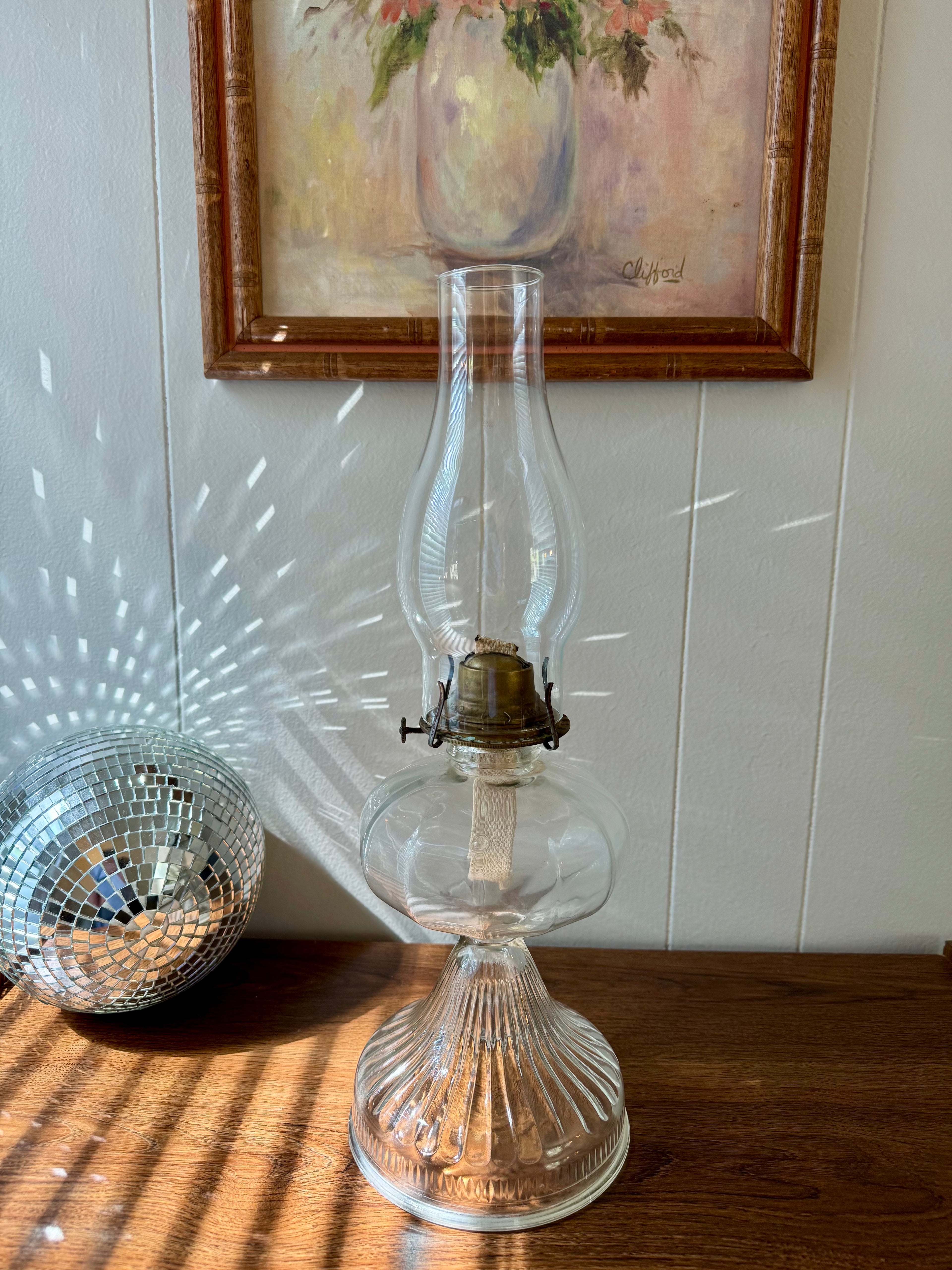 Antique Clear Glass Oil Lamp / Brass Burner / Cottagecore / Farmhouse