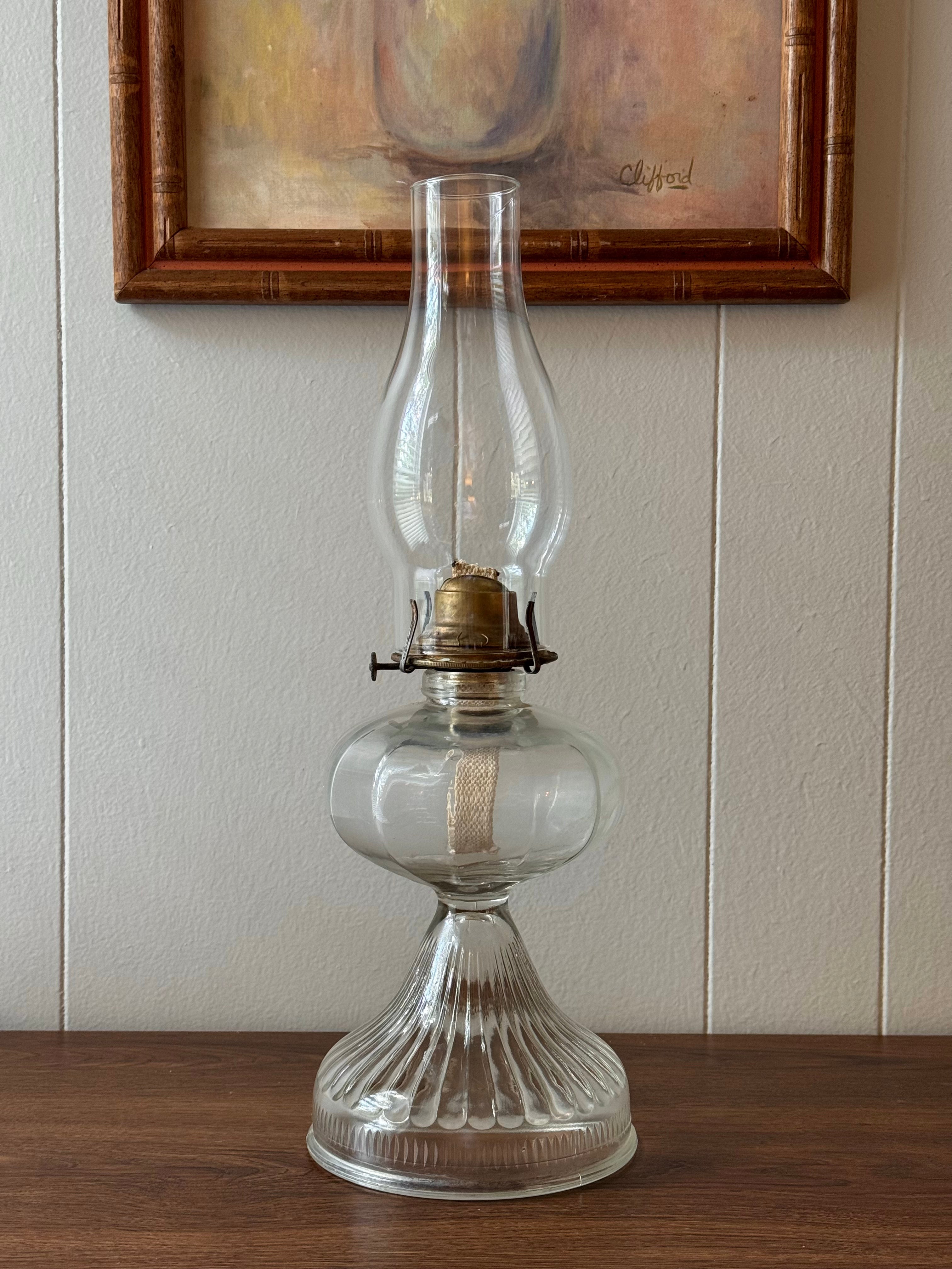 Antique Clear Glass Oil Lamp / Brass Burner / Cottagecore / Farmhouse