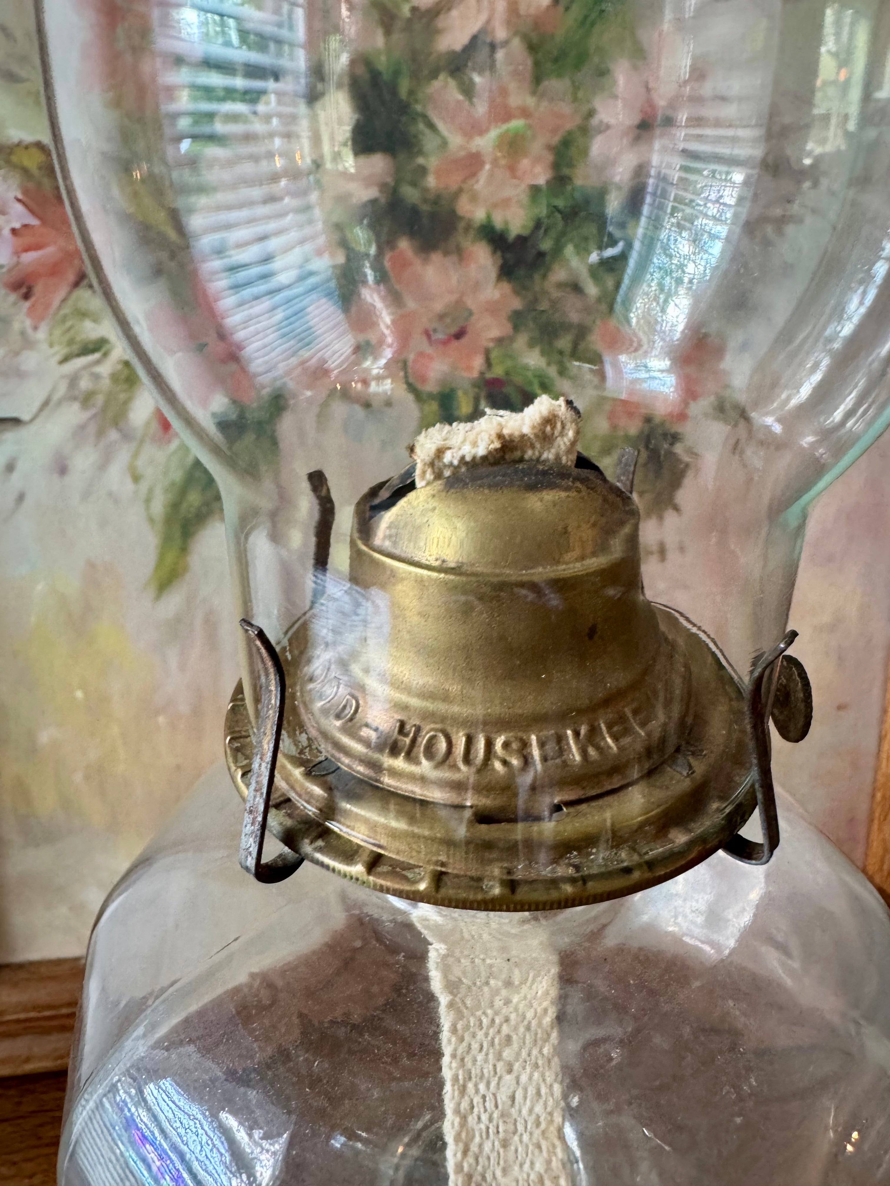 Antique Clear Glass Oil Lamp / Brass Burner / Cottagecore / Farmhouse