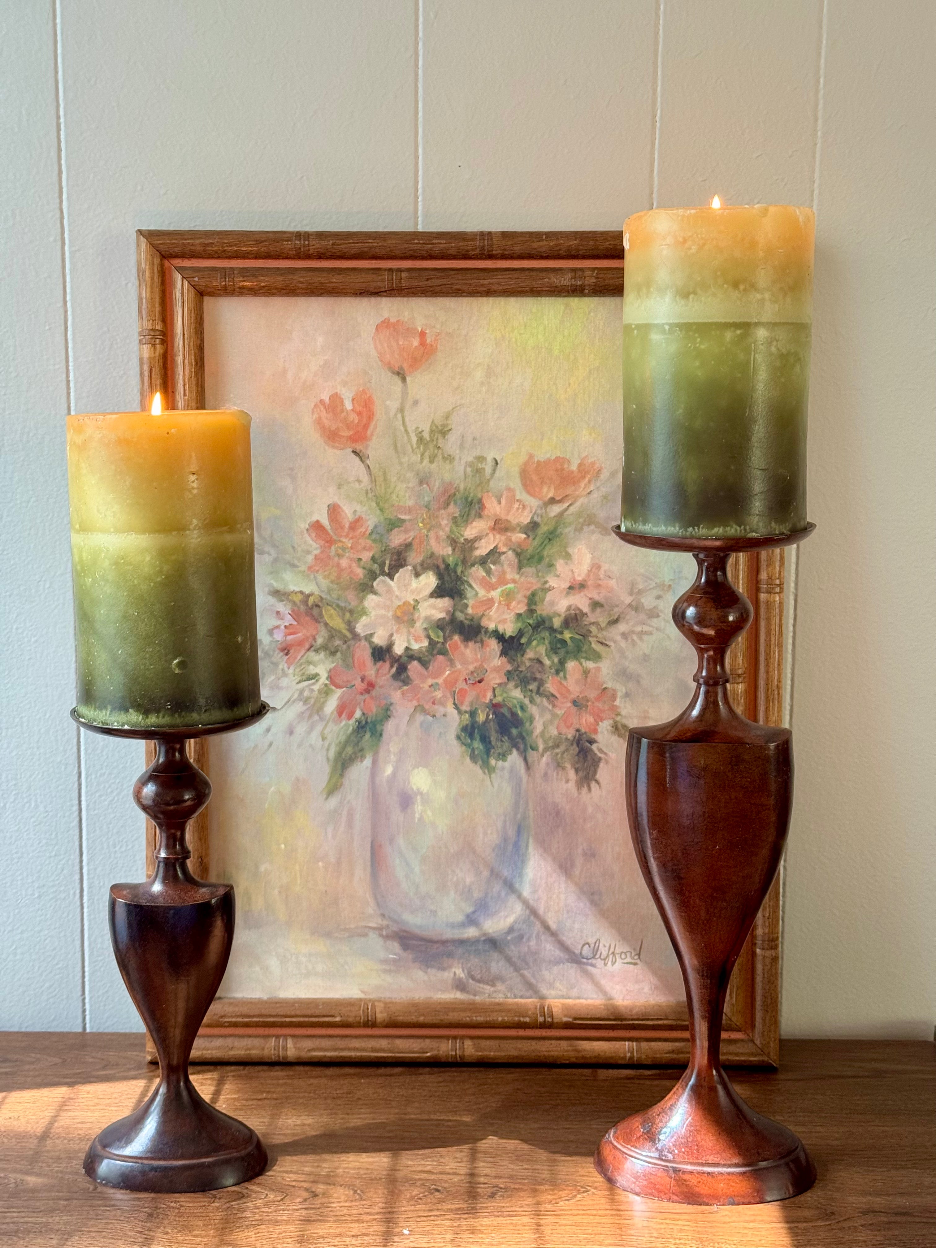Vintage Metal Pillar Candle Holders, Set of 2, Romantic/Grandmillennial