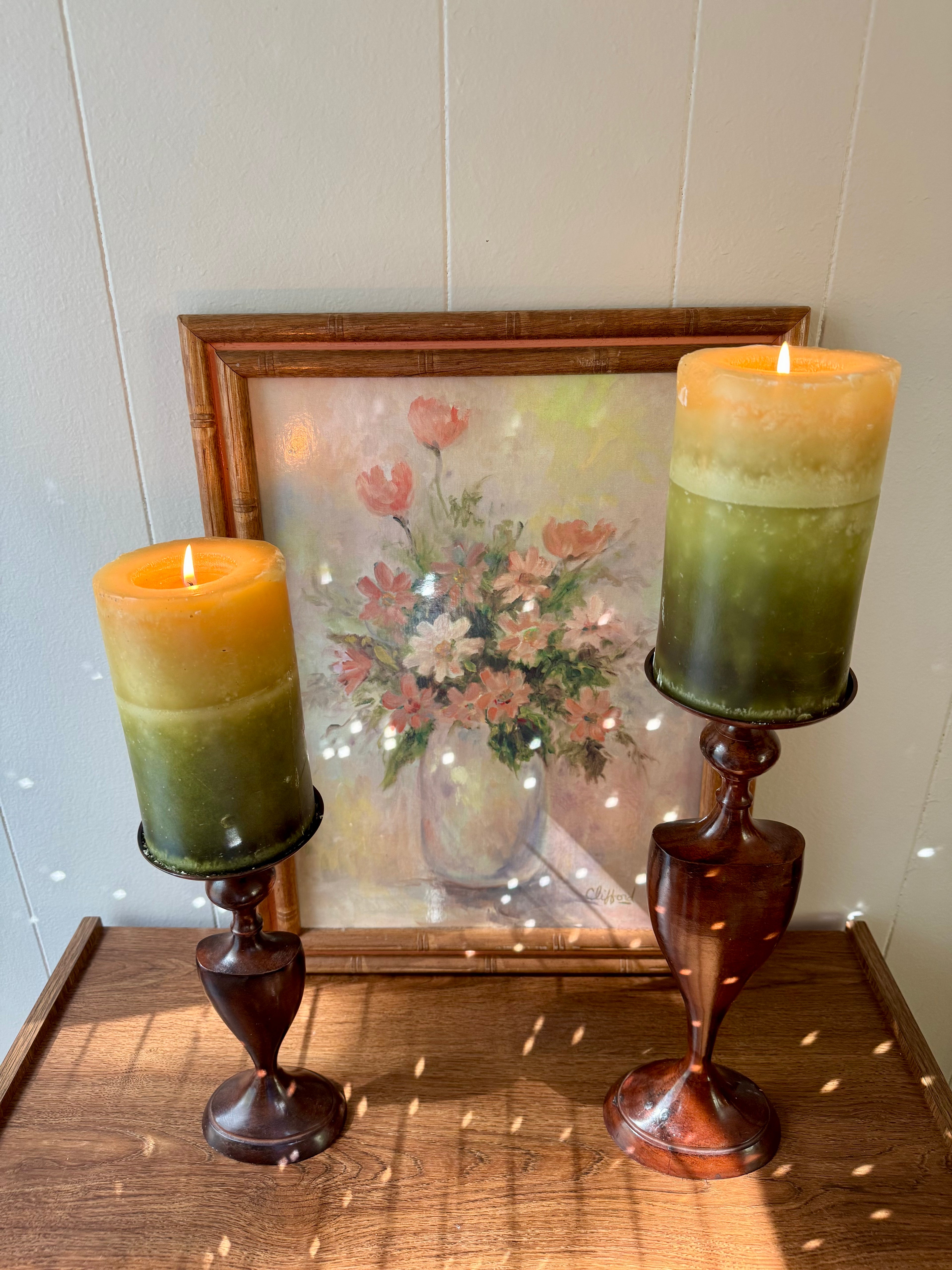 Vintage Metal Pillar Candle Holders, Set of 2, Romantic/Grandmillennial