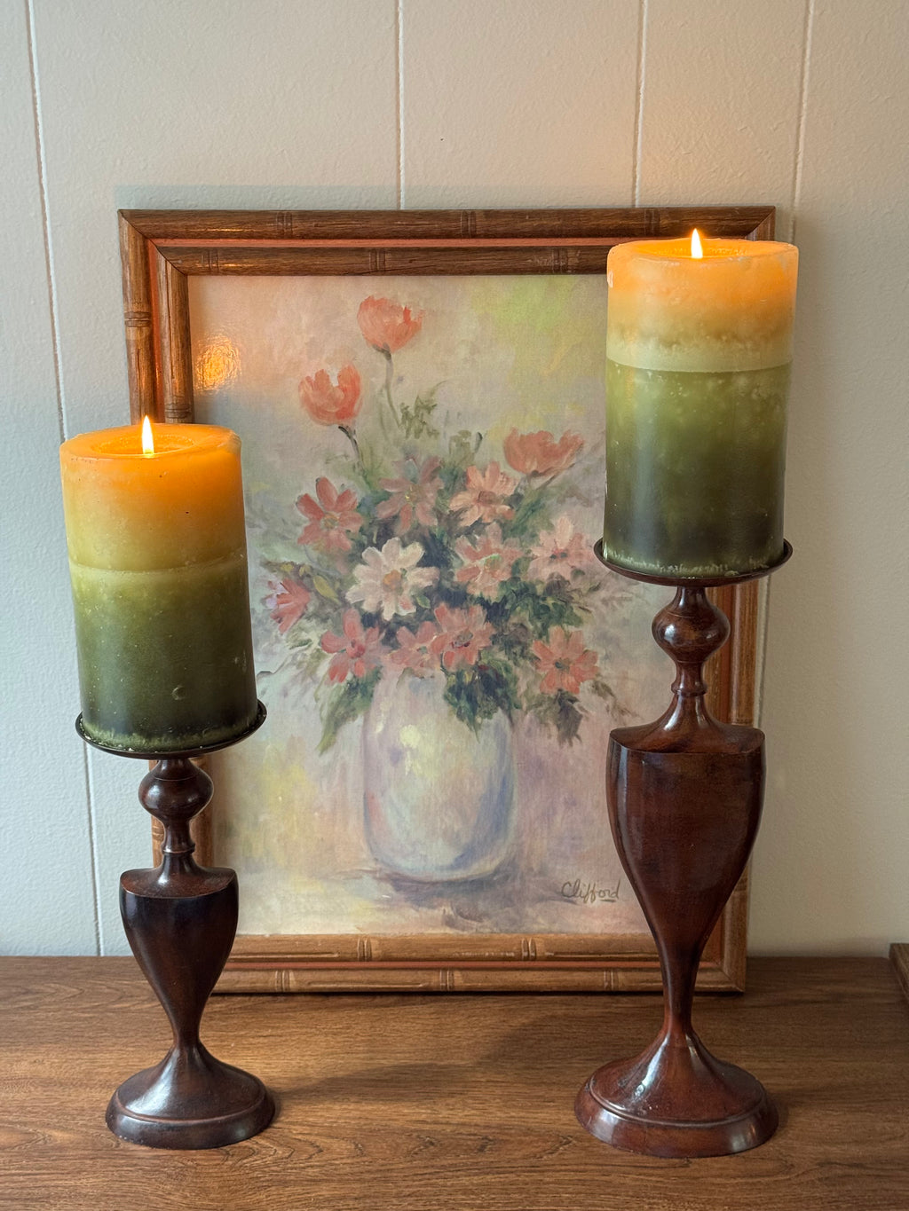 Vintage Metal Pillar Candle Holders, Set of 2, Romantic/Grandmillennial