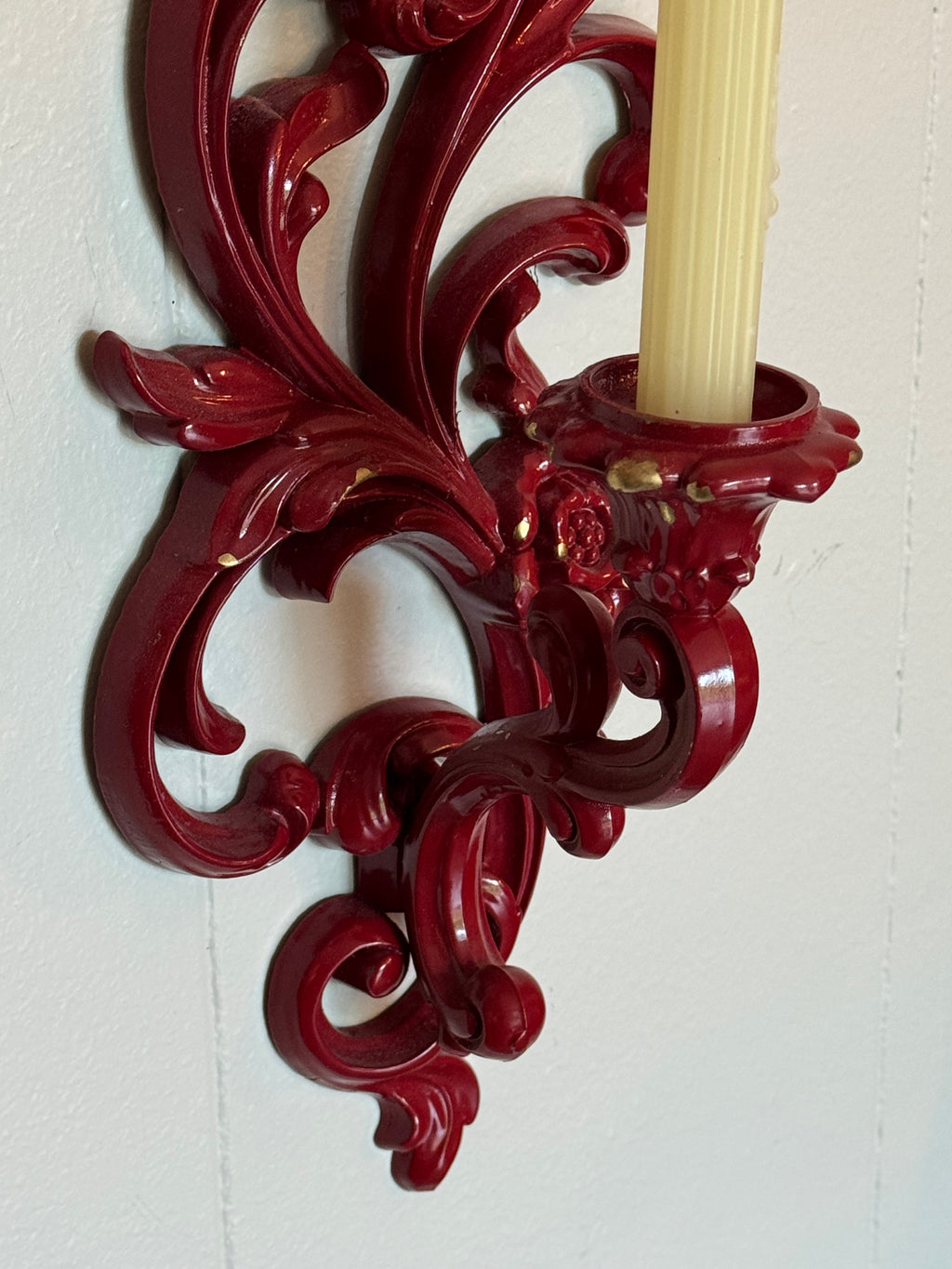 Vintage Syroco Victorian Wall Sconce Candle Holders, Set of 2 / Red with Gold Details